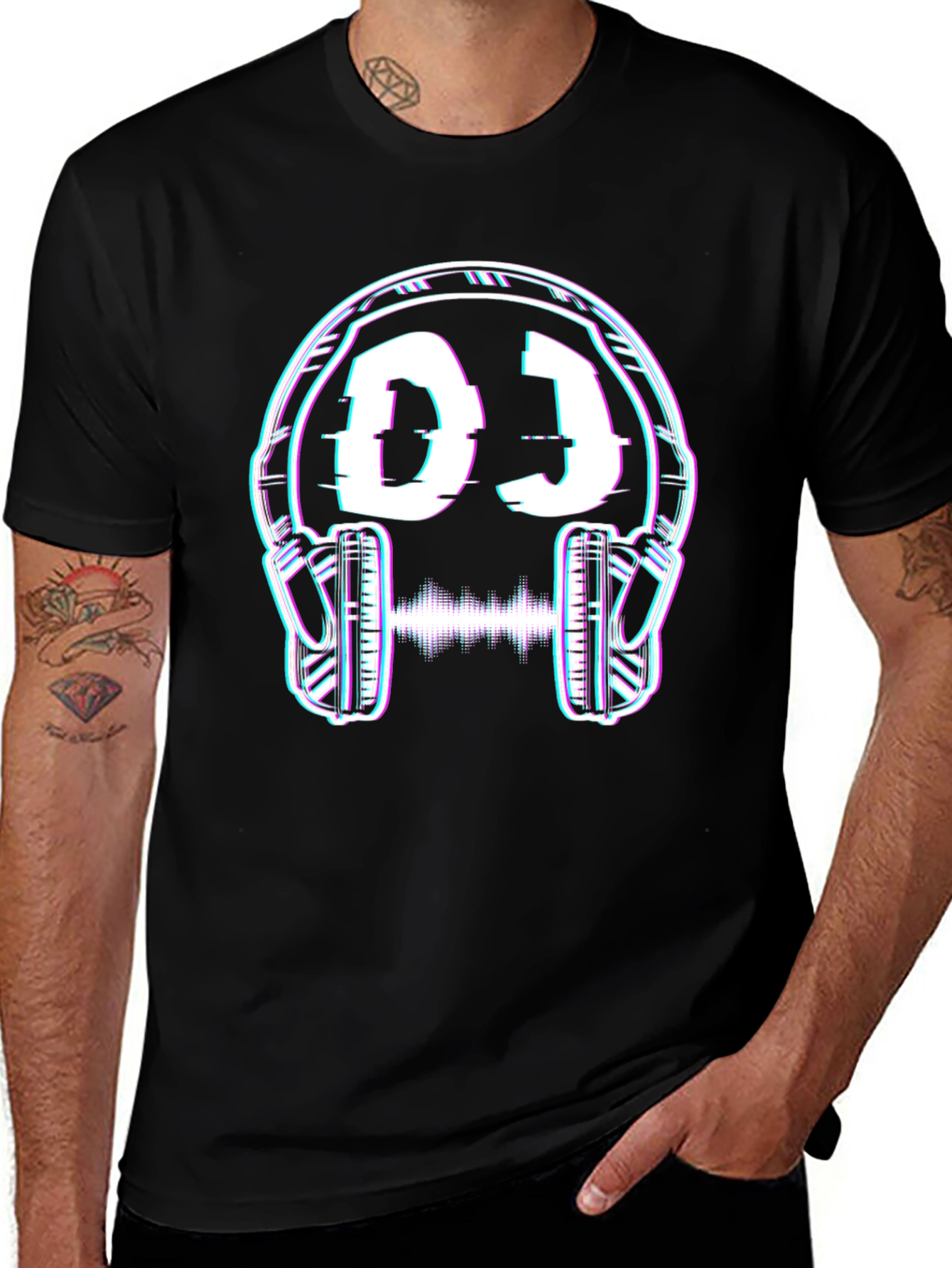 DJ Headphones Glitch Graphic Black T-Shirt