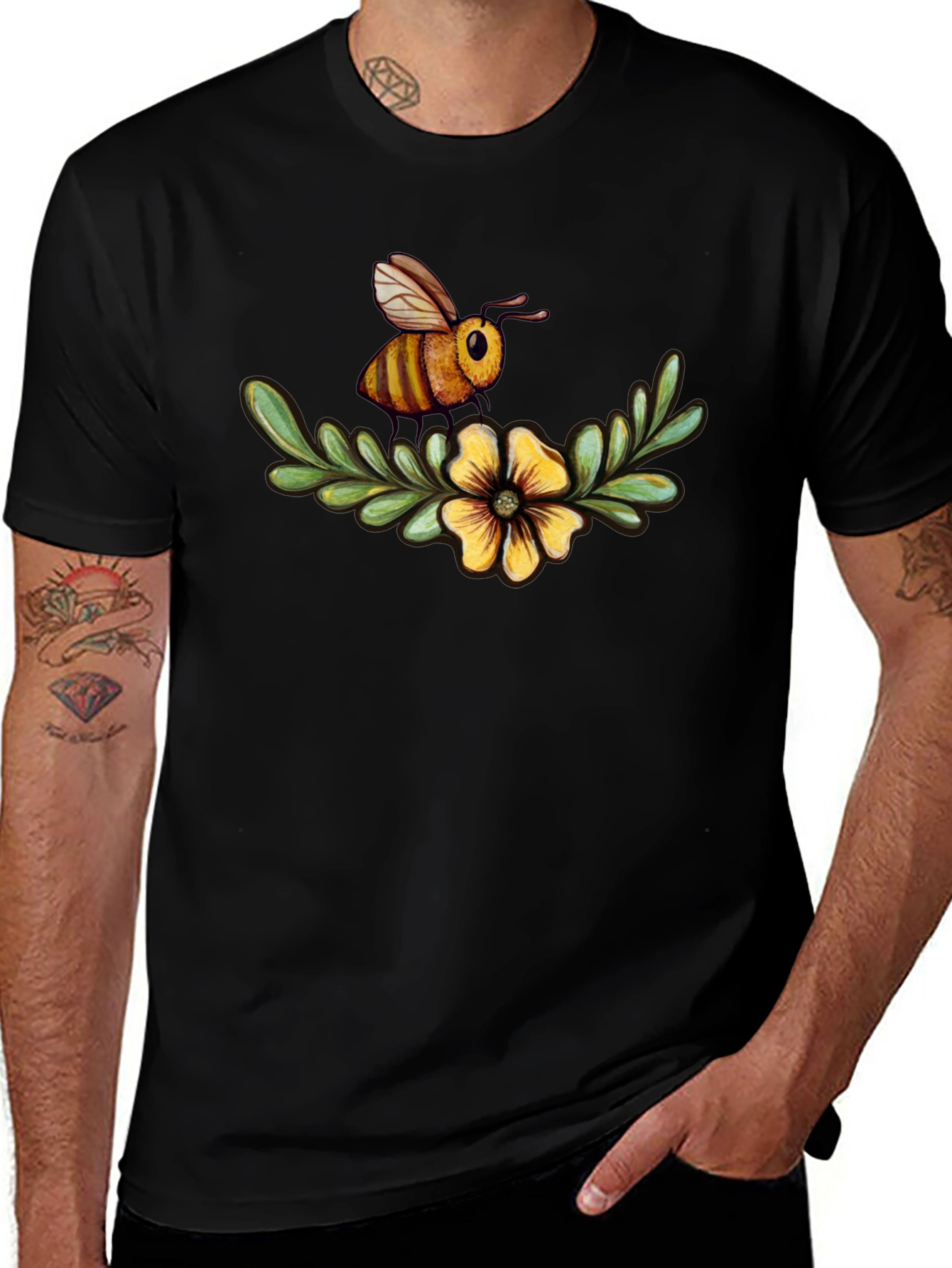 Variant 12 of Bee & Flower Graphic Tee - Black Cotton Comfort