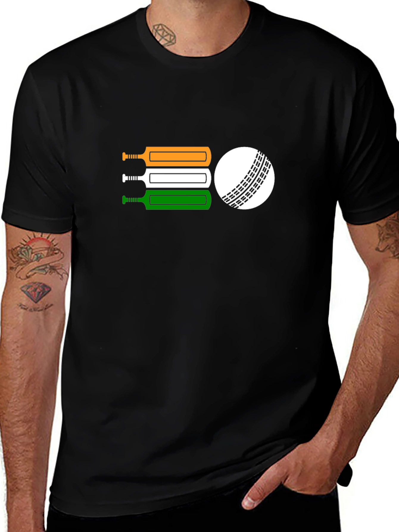 Variant 30 of Cricket Bats & Ball Black T-Shirt - India Flag Design