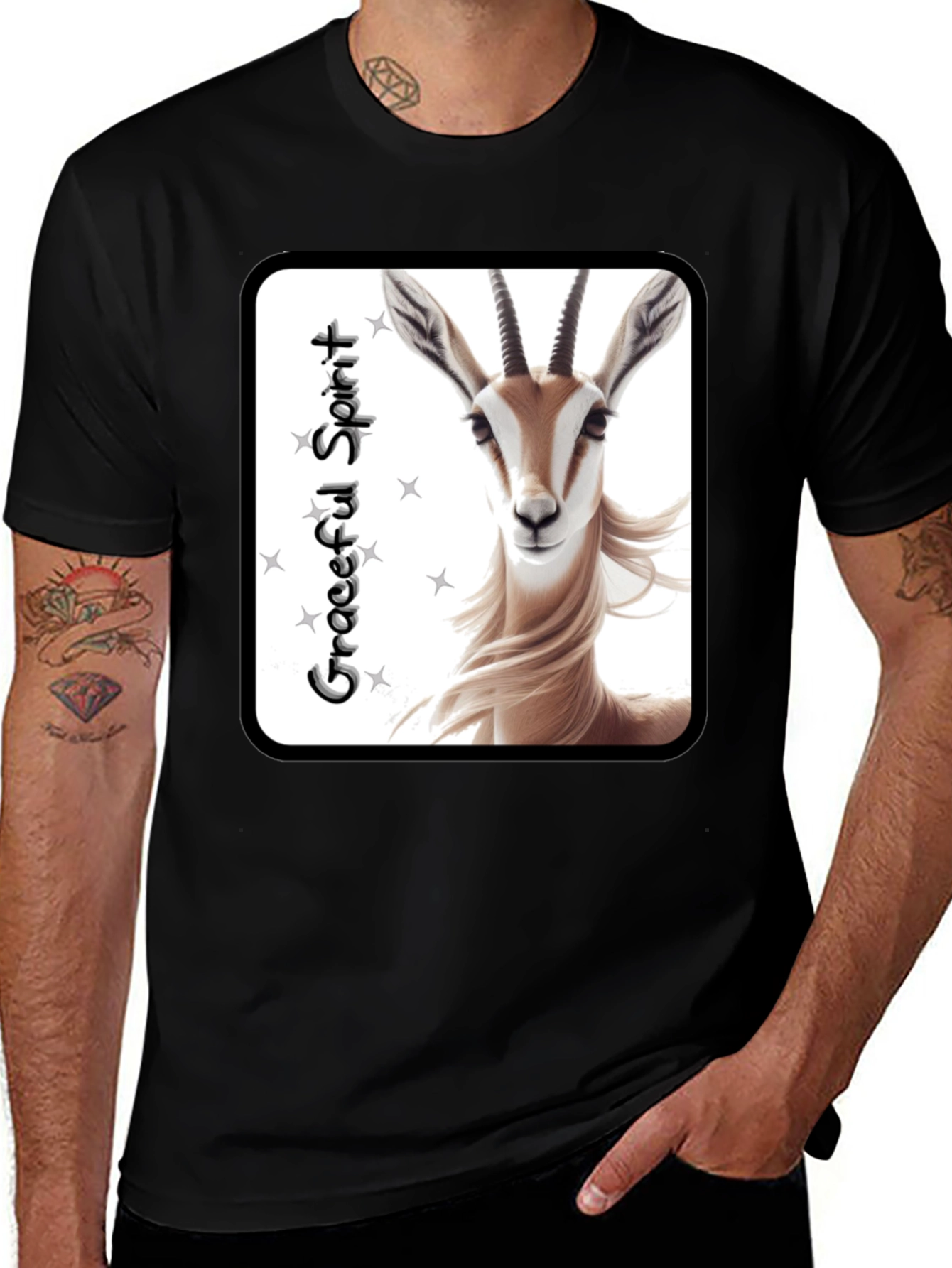 Variant 25 of Graceful Spirit Gazelle Graphic Tee - Black Cotton T-Shirt