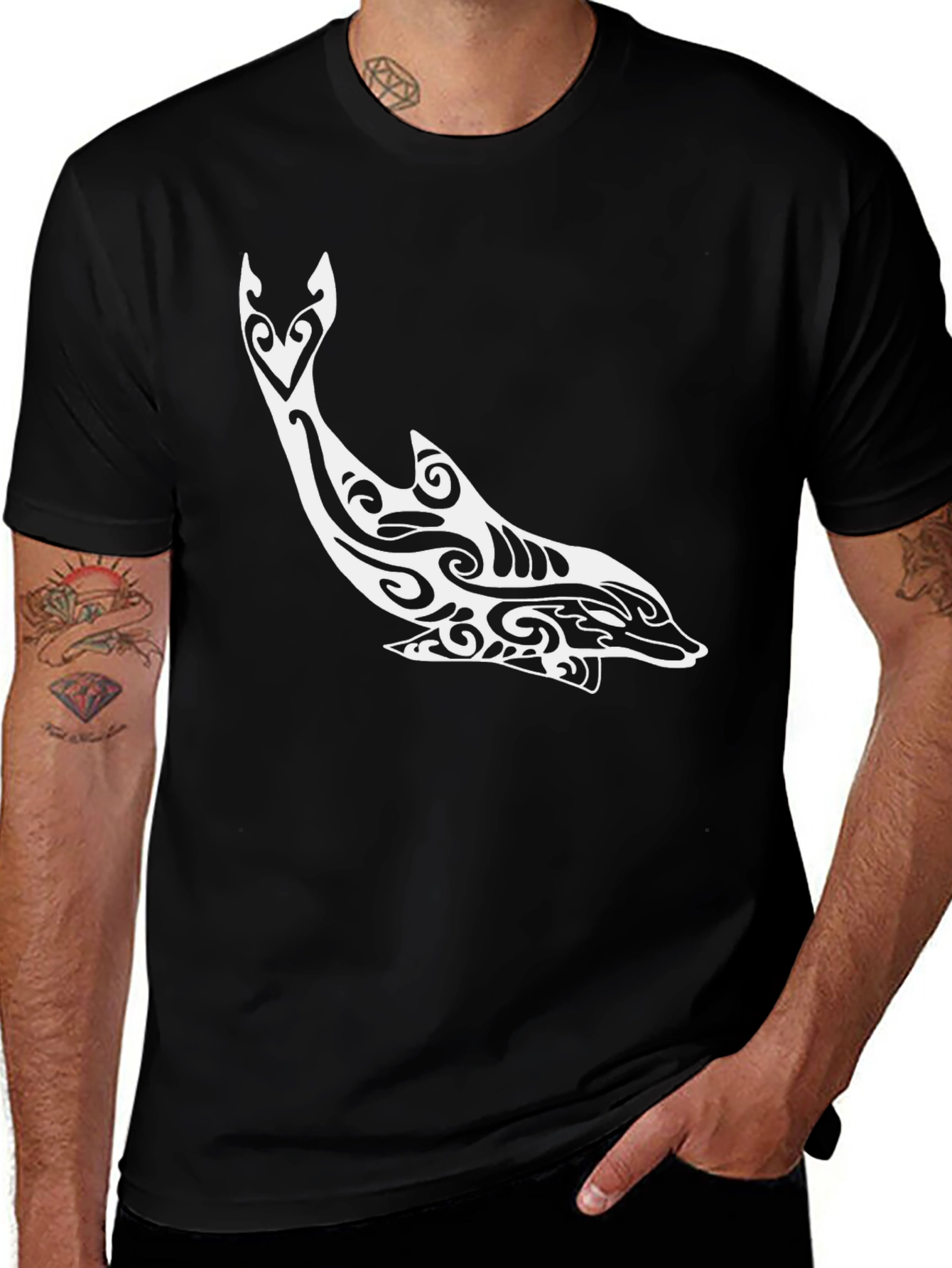 Tribal Dolphin Graphic Tee - Stylish Black T-Shirt
