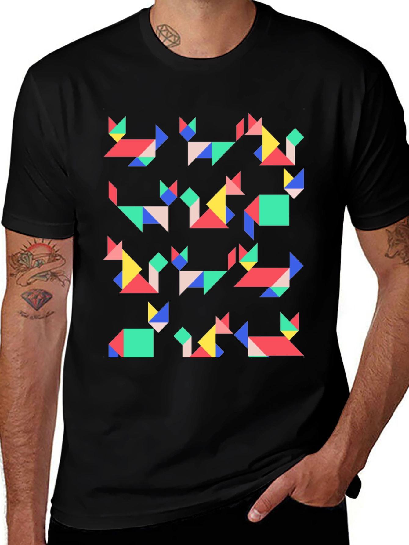 Geometric Cats Black T-Shirt | Modern Art Tee