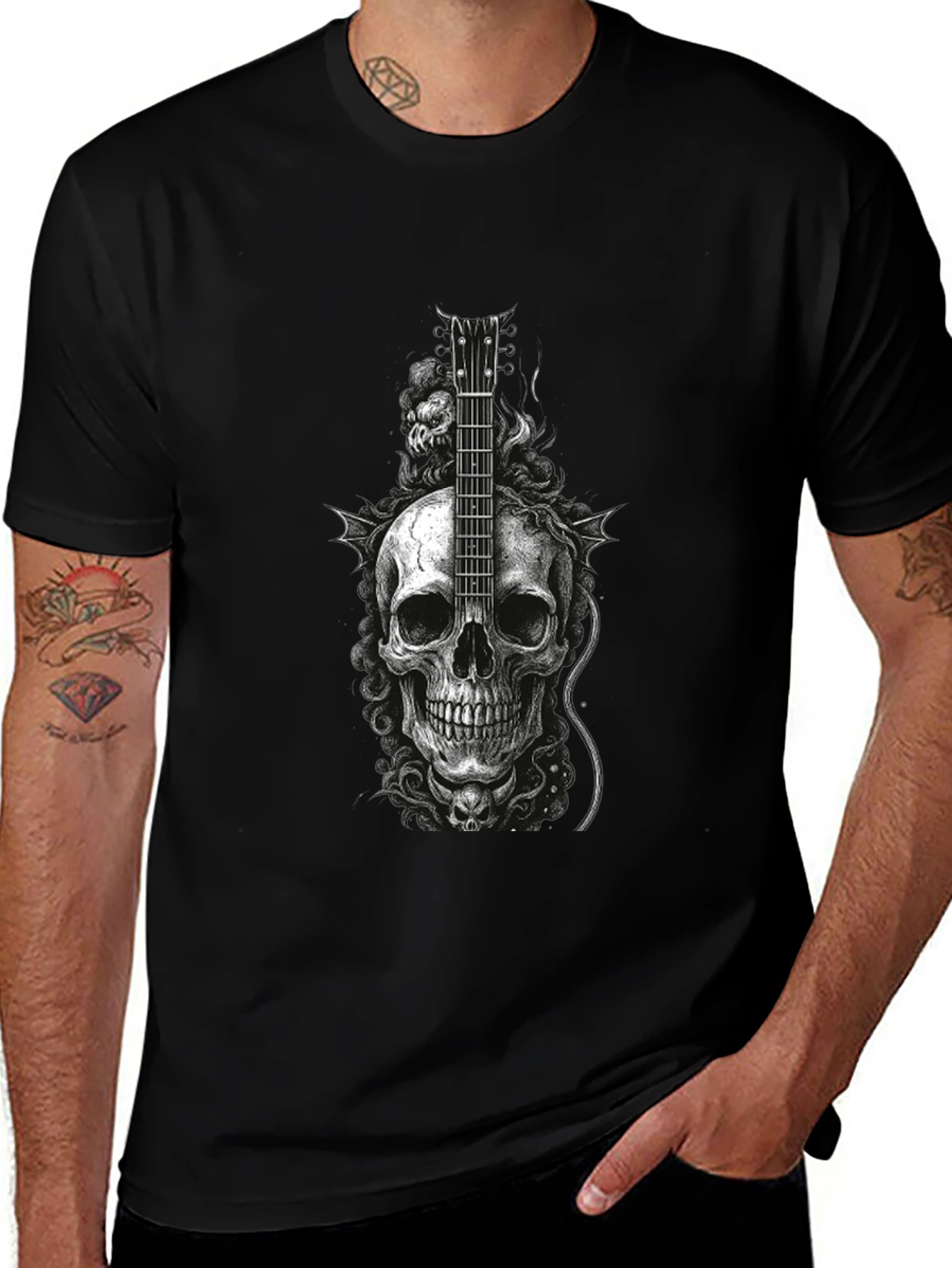 Variant 6 of Skull Guitar Graphic Tee - Black Cotton Shirt
