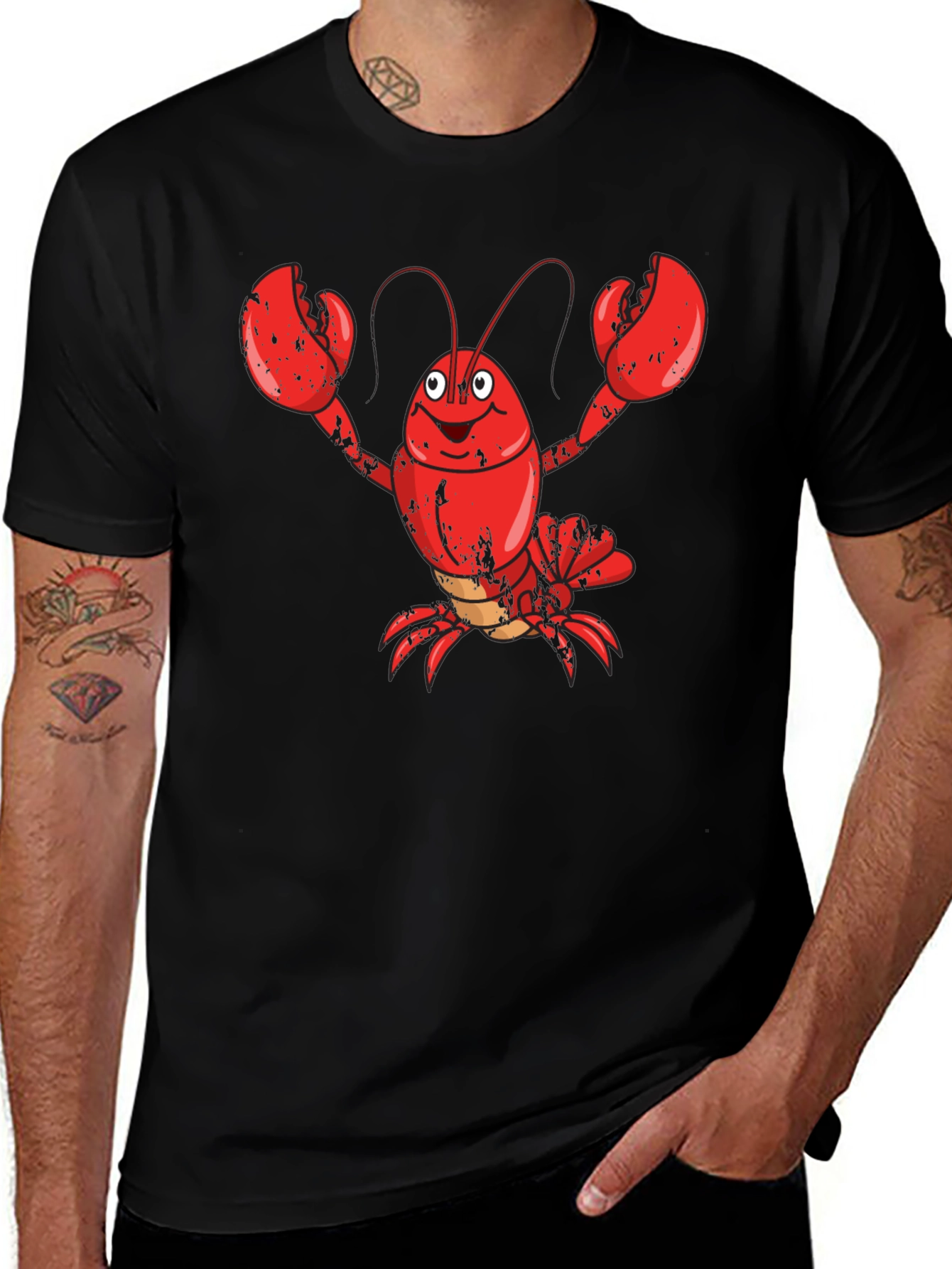 Variant 3 of Cartoon Lobster Graphic Tee - Men's Black Cotton T-Shirt