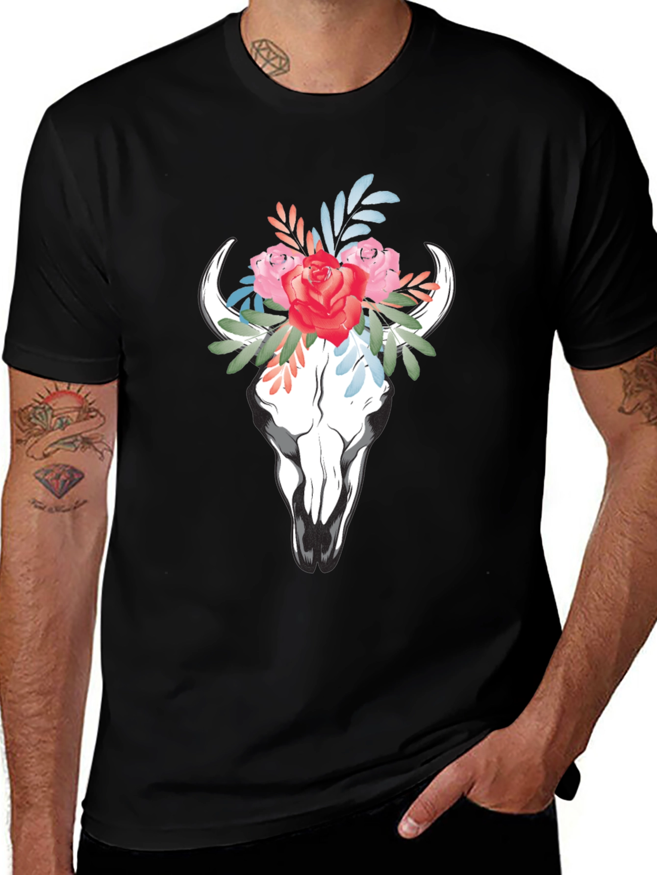 Variant 17 of Floral Skull Graphic Tee - Black Cotton T-Shirt