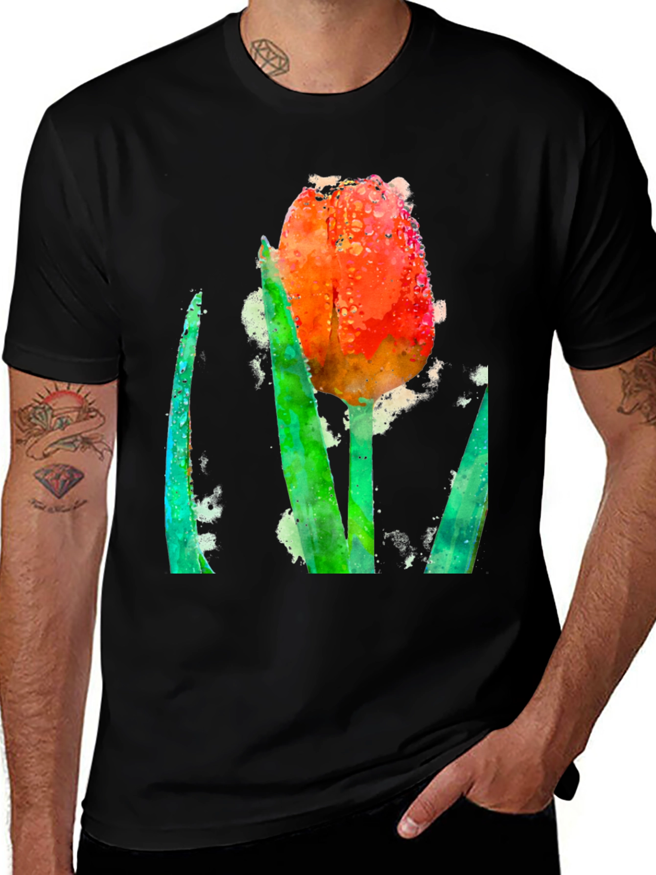 Variant 19 of Tulip Watercolor Graphic Black T-Shirt