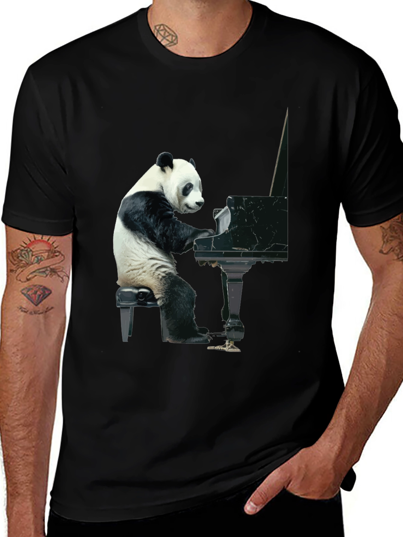 Variant 26 of Panda Playing Piano Graphic Tee - Black Cotton Shirt