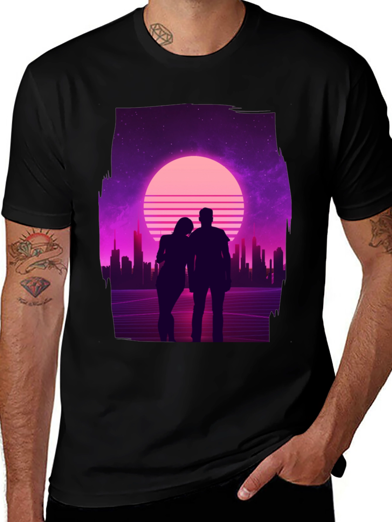 Retro Sunset Couple T-Shirt - Black