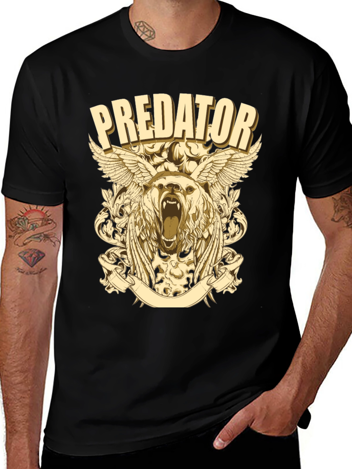 Variant 7 of Predator Bear Graphic Print Black T-Shirt