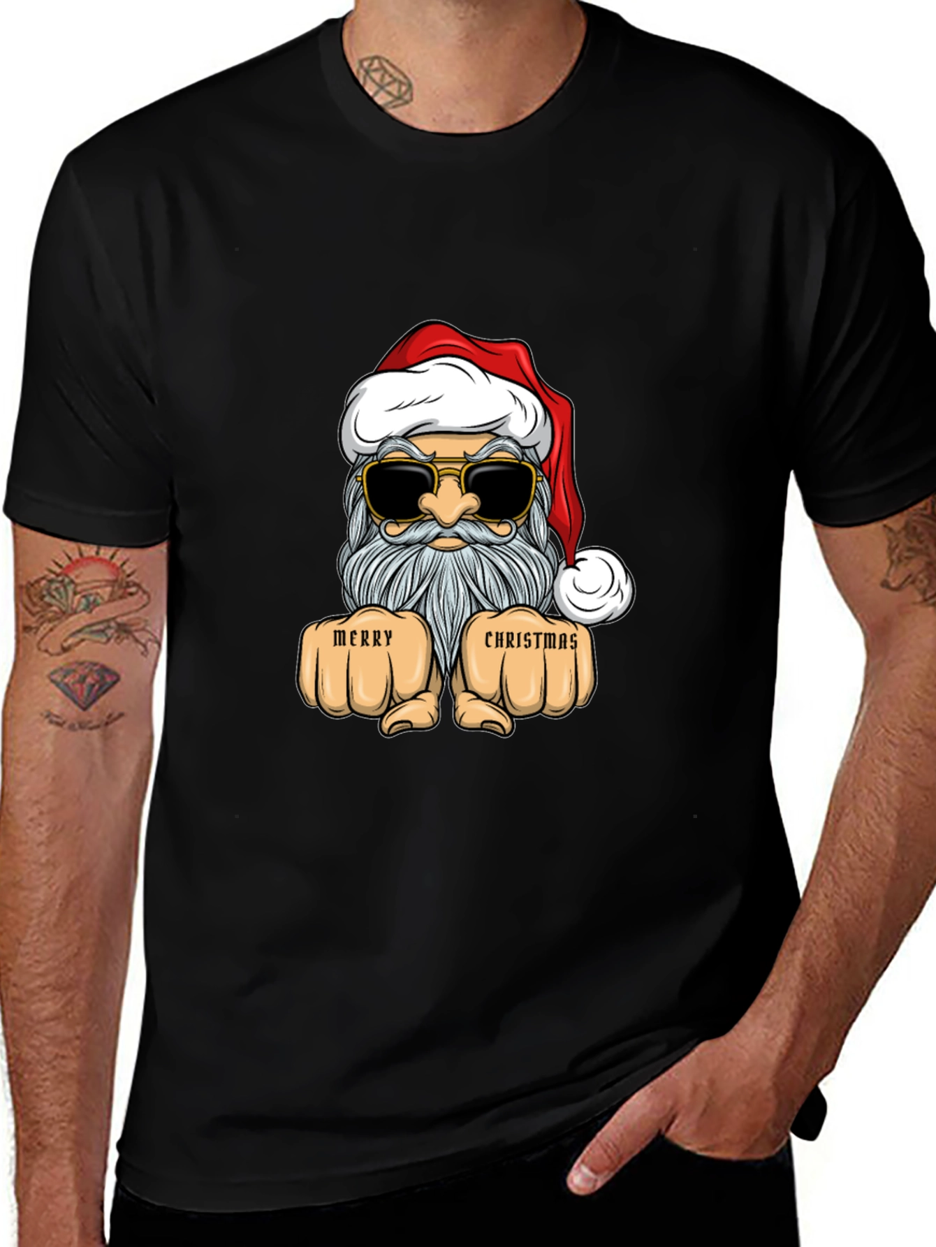 Cool Santa Merry Christmas Black T-Shirt