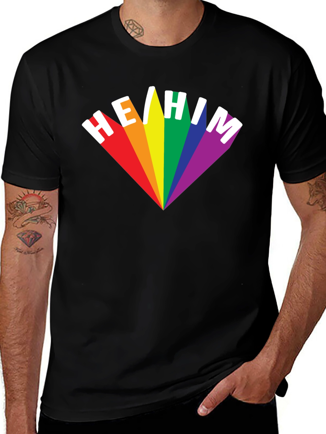 He/Him Pronoun Pride T-Shirt - Rainbow LGBTQ+ Design