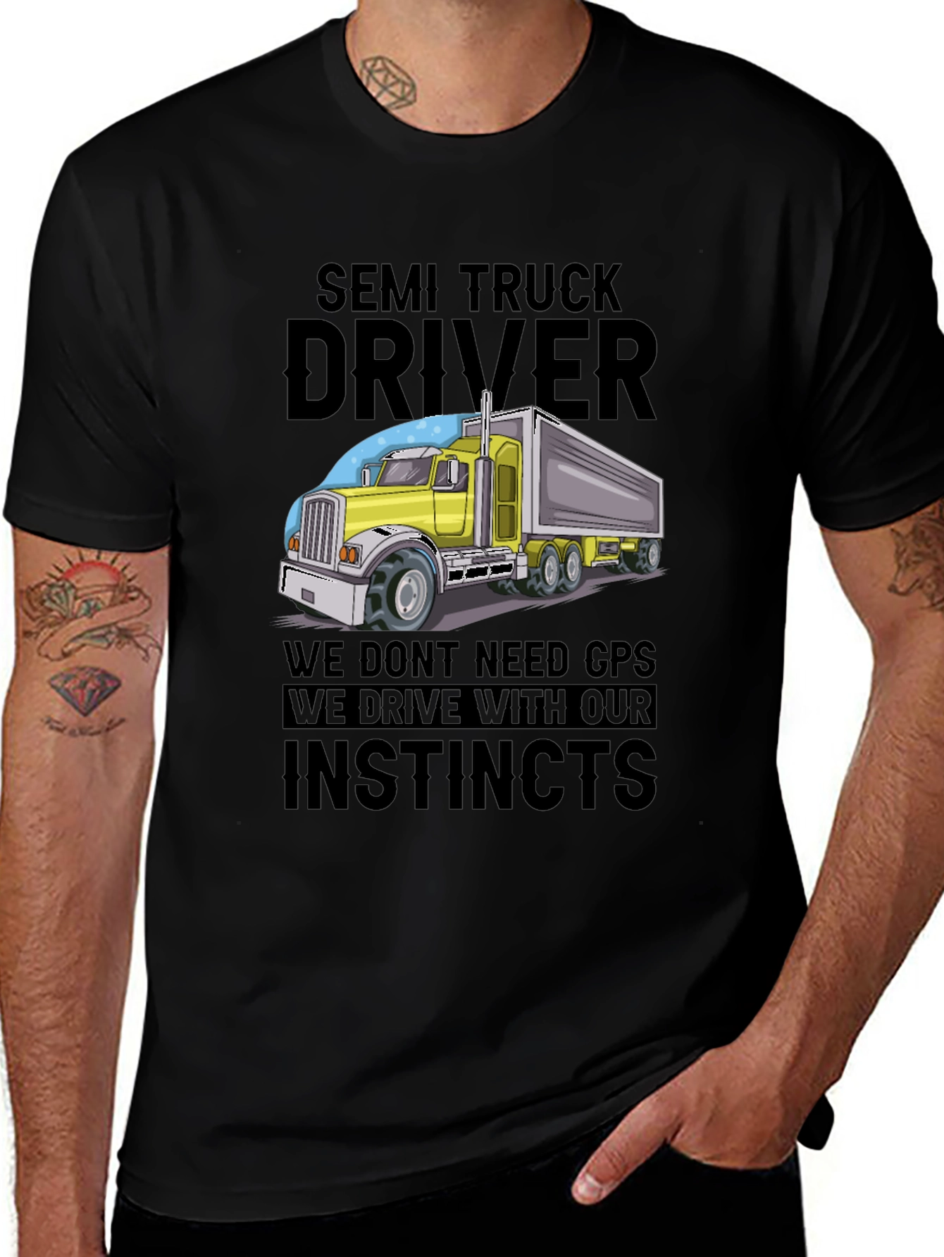 Semi Truck Driver Instincts Graphic Tee - Black
