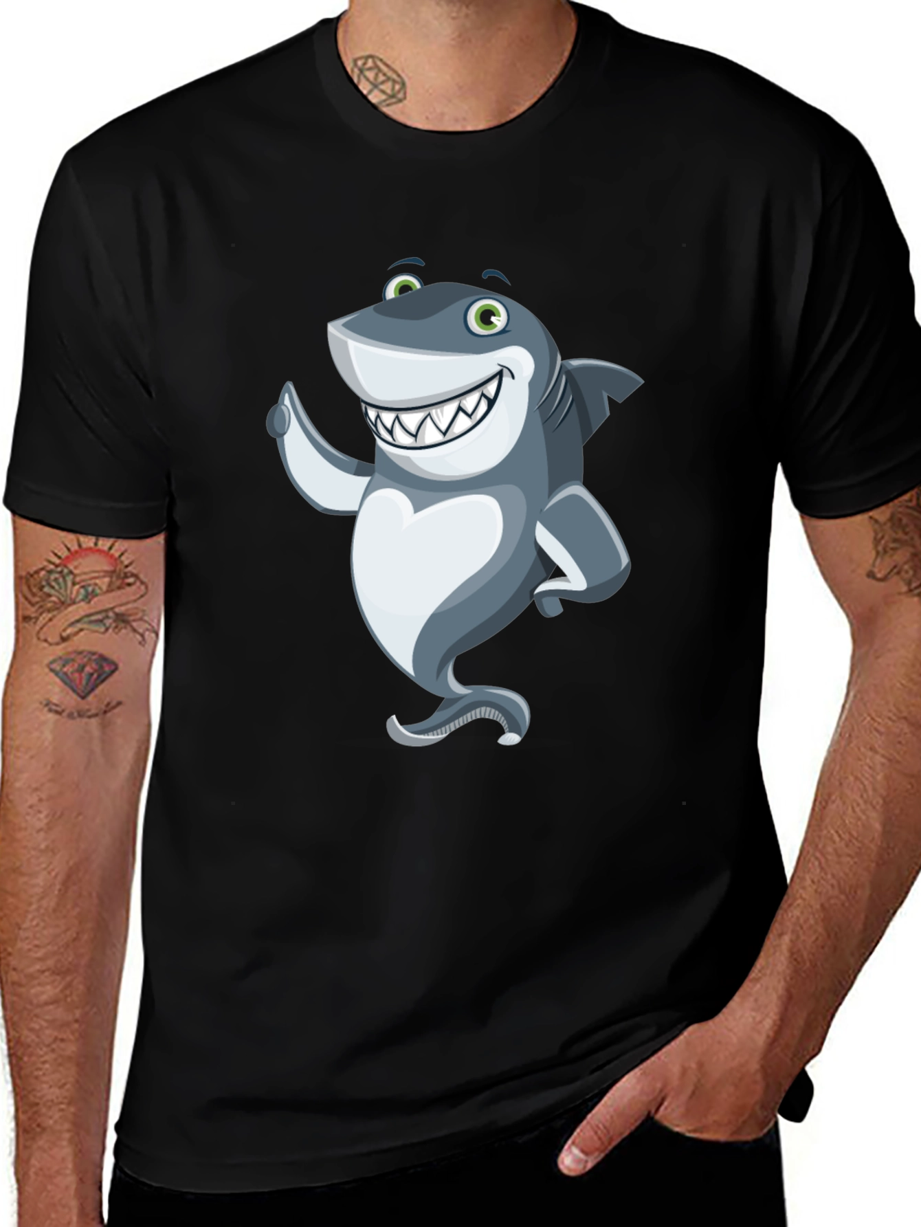 Variant 9 of Cartoon Shark Graphic Tee - Black Cotton Blend