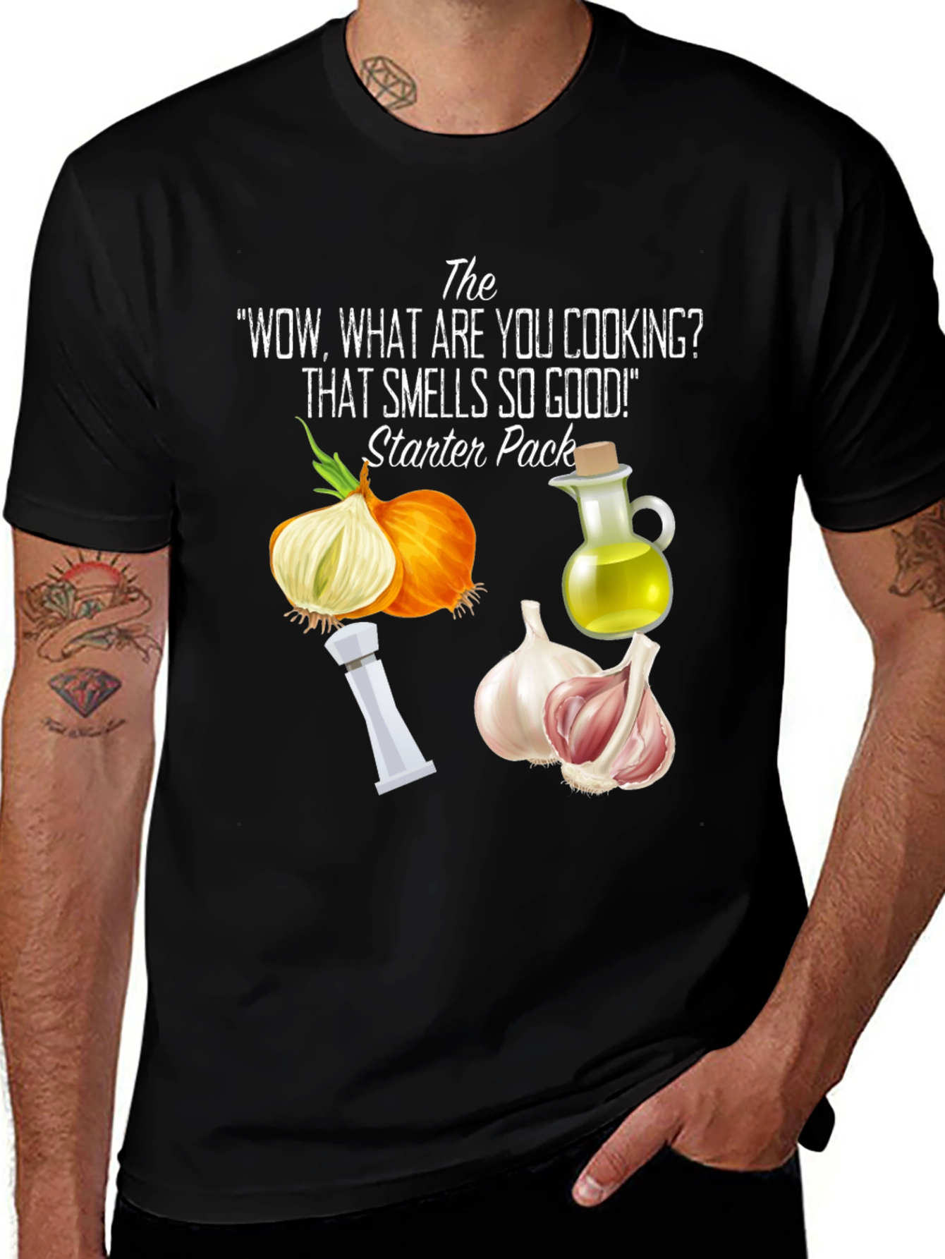 Variant 25 of Chef Starter Pack T-Shirt: Onion, Garlic, Oil & Spices