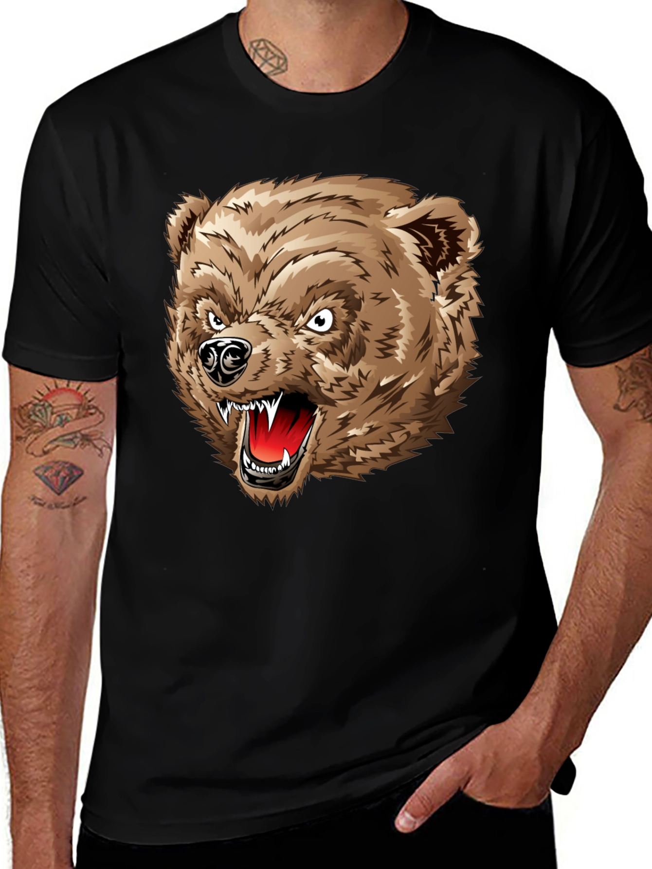 Variant 28 of Angry Bear Graphic T-Shirt - Black Cotton Tee