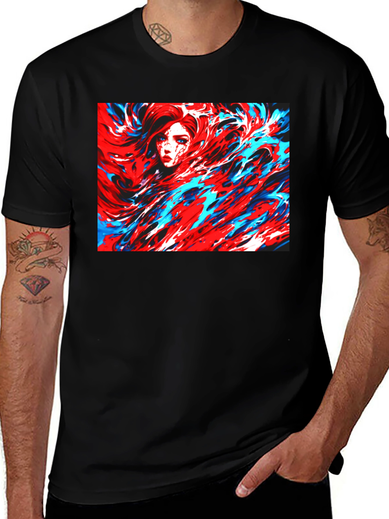 Variant 18 of Abstract Art T-Shirt - Red and Blue Swirl Design