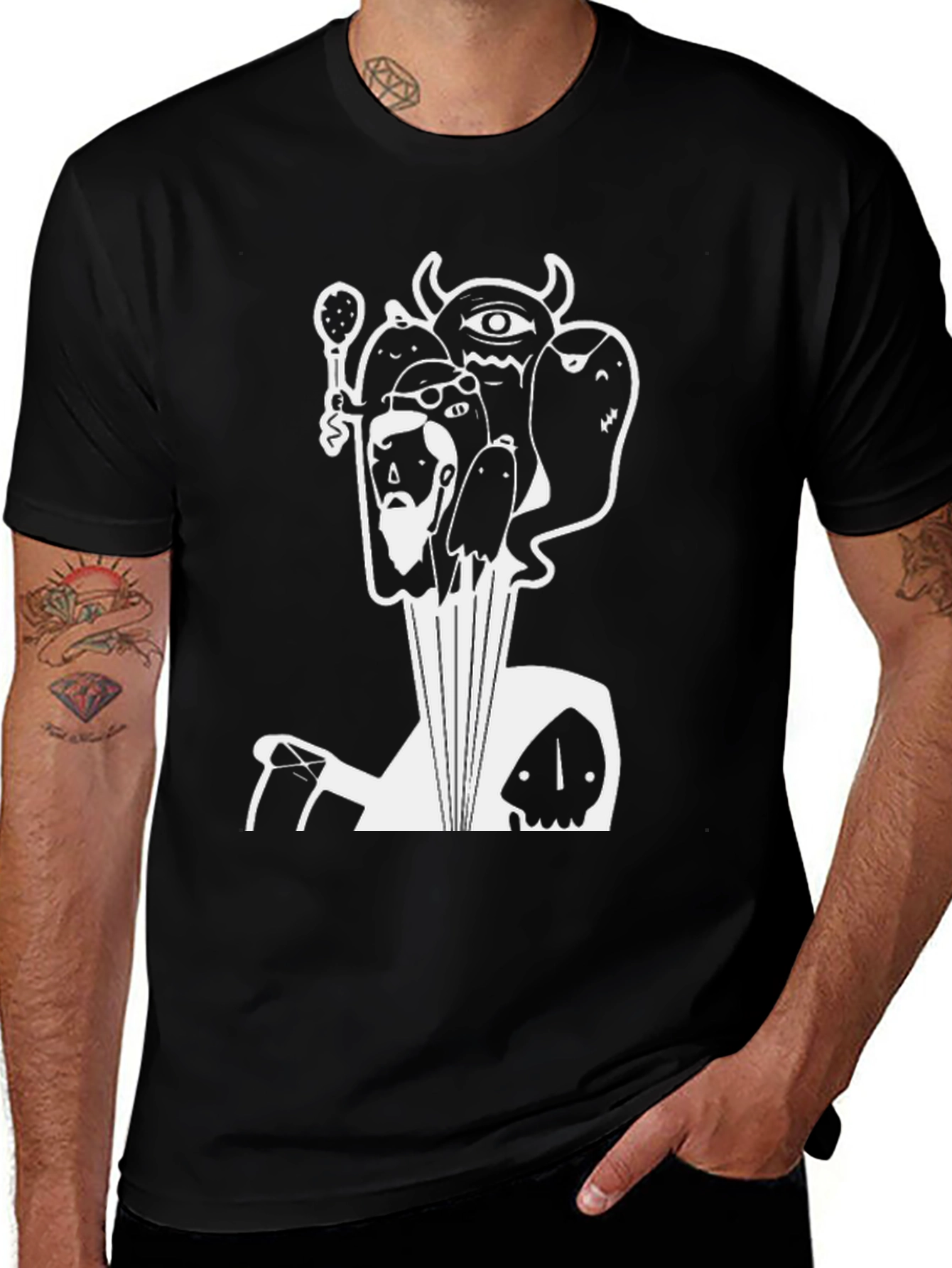 Variant 12 of Graphic Black T-Shirt with White Cartoon Print