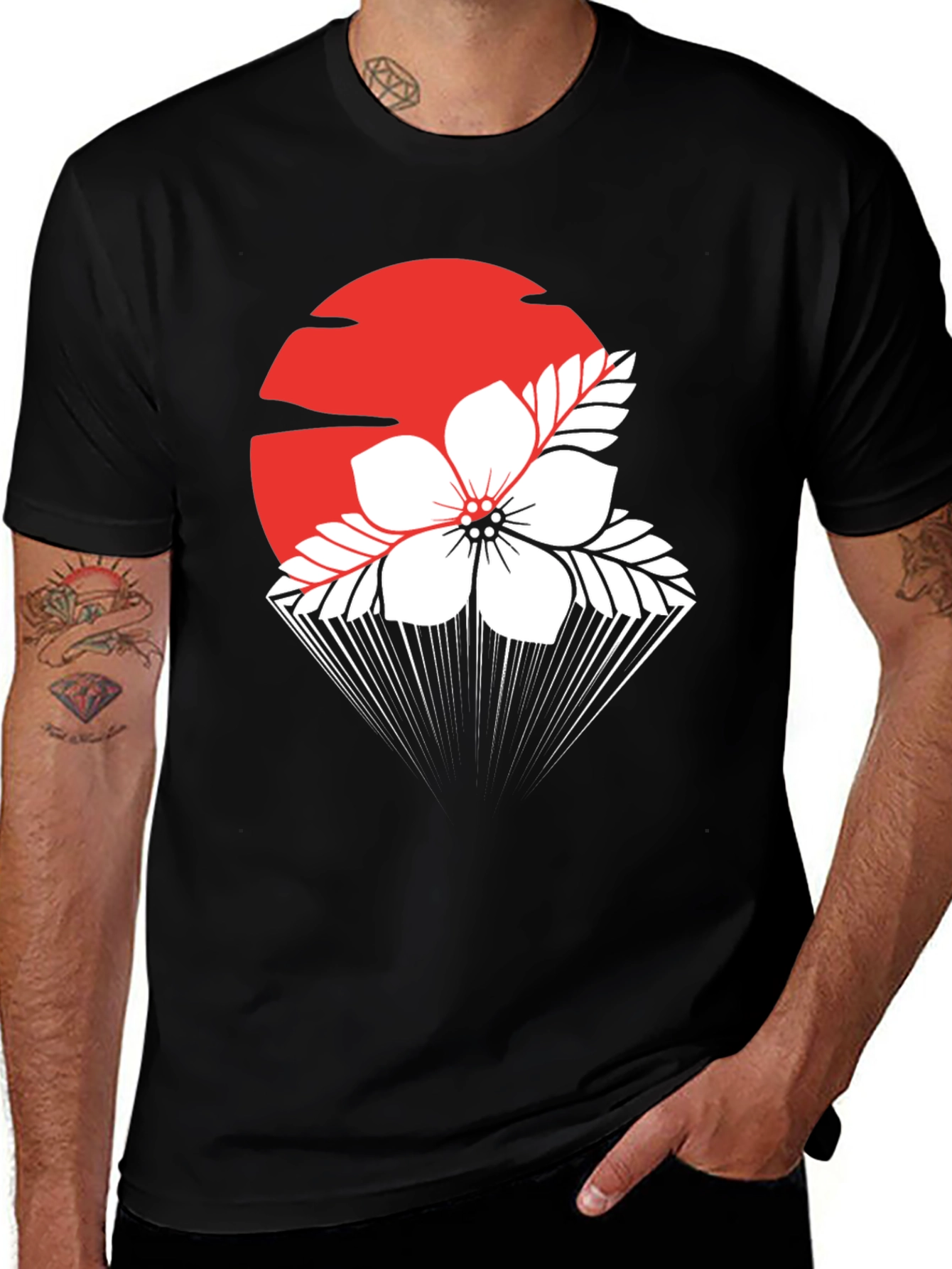 Variant 11 of Black T-Shirt with Japanese Flower Graphic
