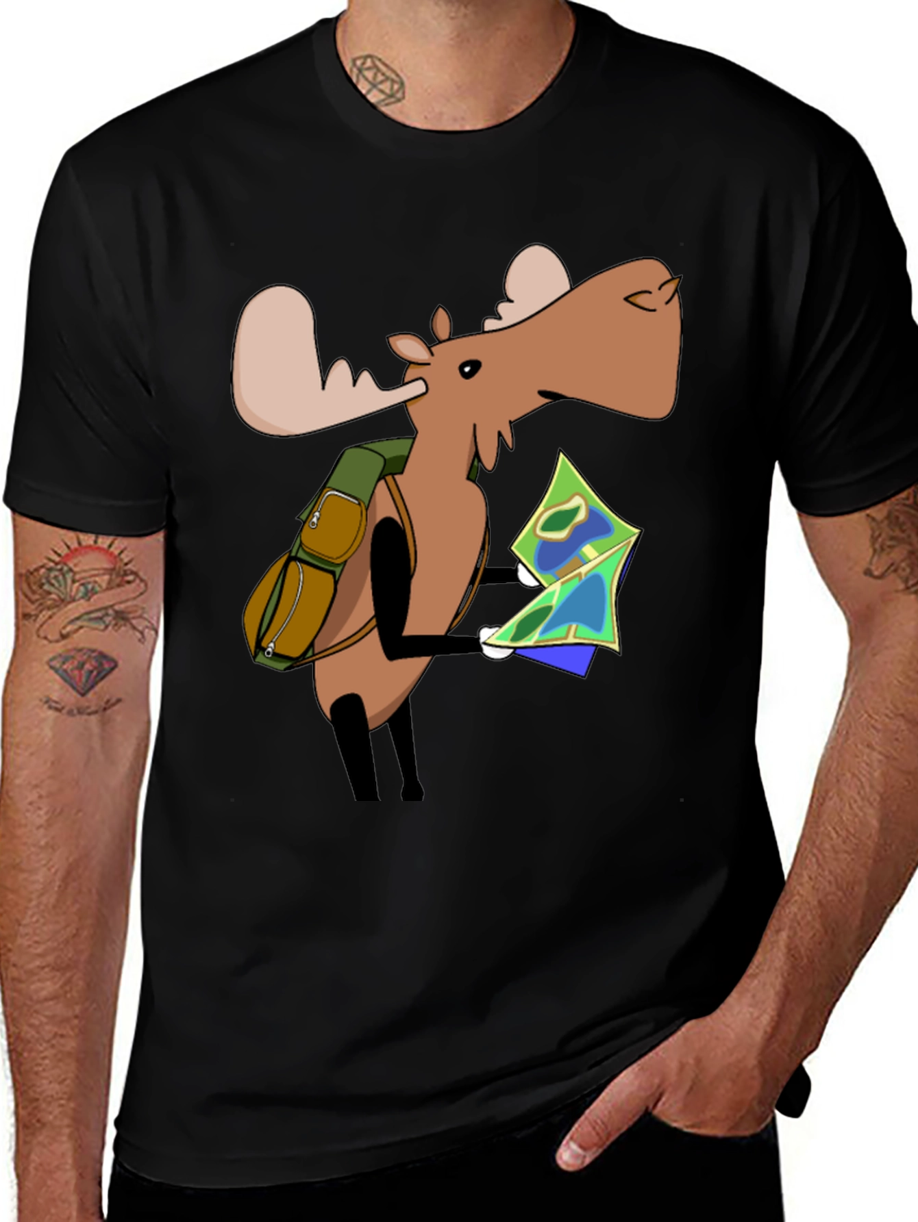 Variant 20 of Cartoon Moose with Map T-Shirt - Black