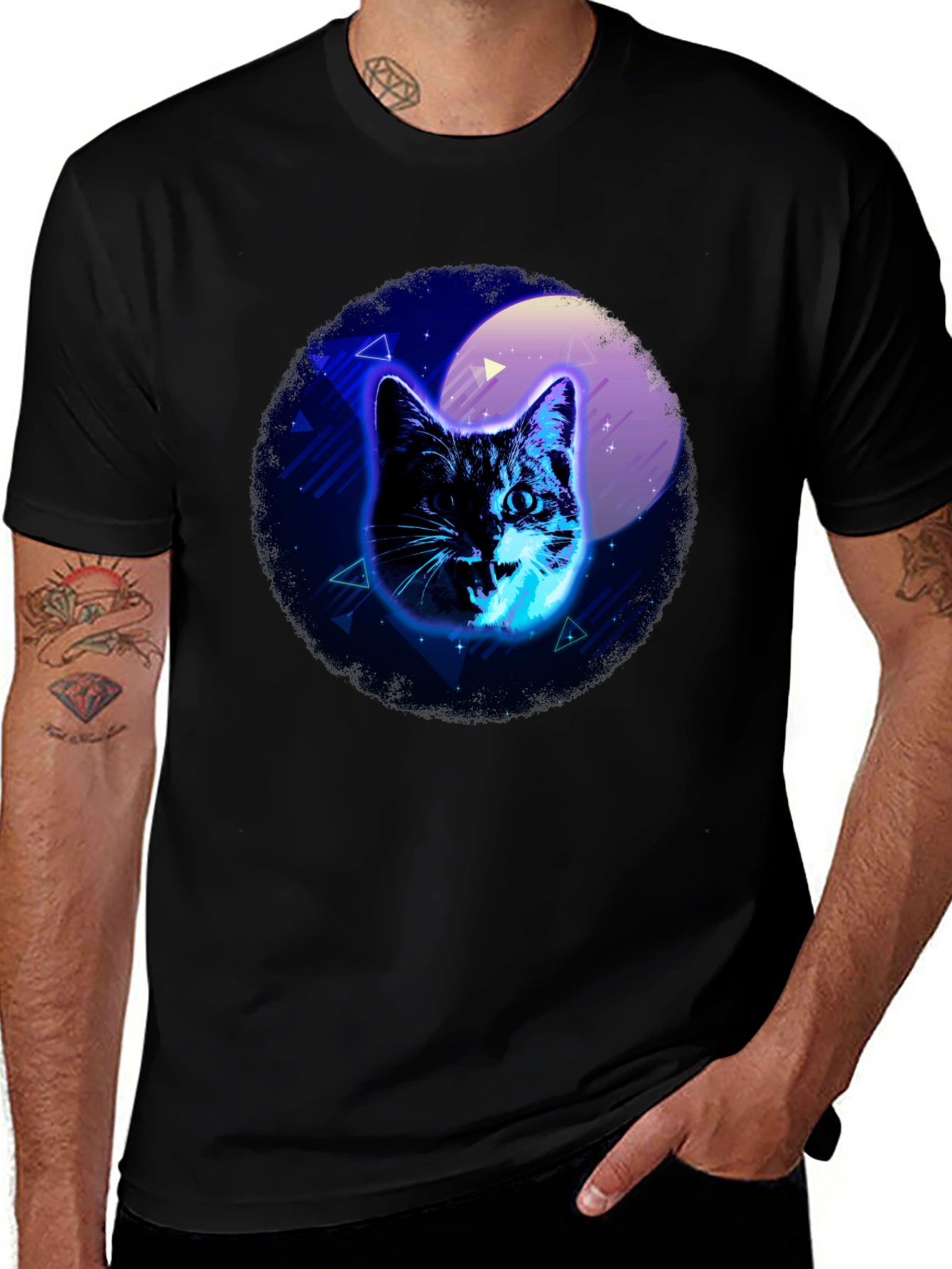Variant 23 of Neon Cat Graphic Black T-Shirt