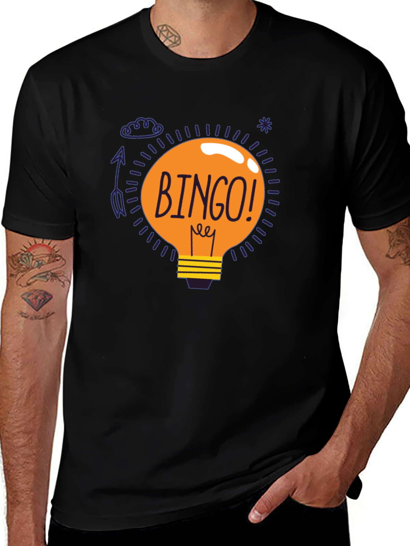 Variant 5 of Bingo Idea Lightbulb Graphic Tee - Black Cotton T-Shirt