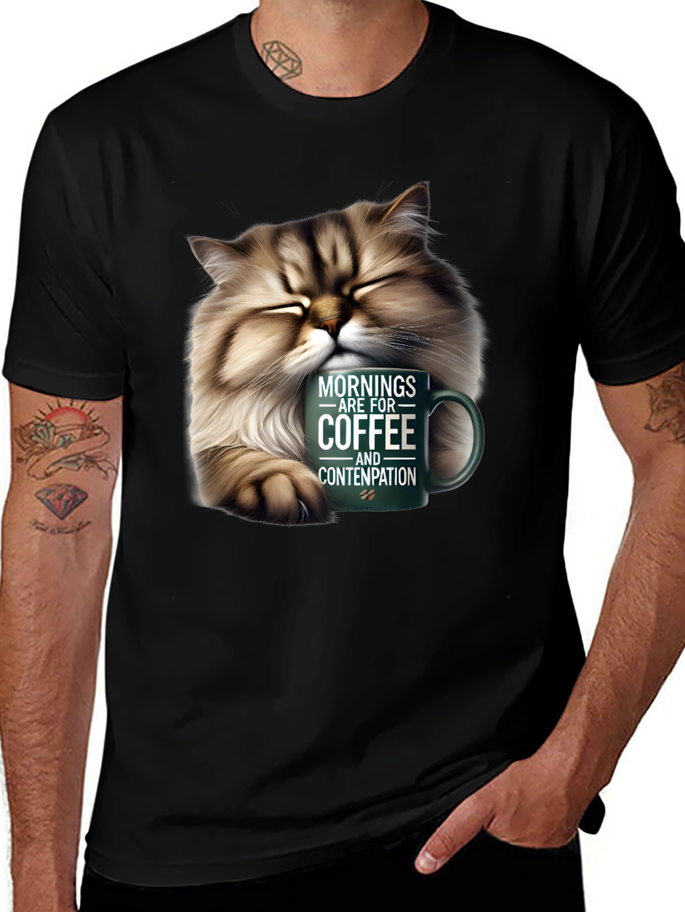Variant 2 of Cat & Coffee T-Shirt: Mornings are for Coffee and Contemplation
