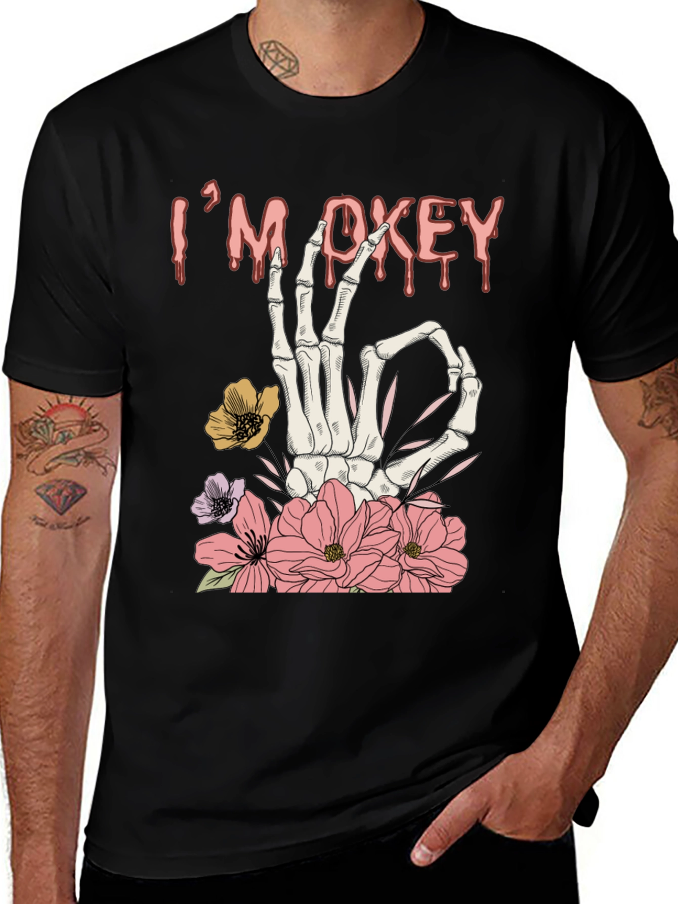 Variant 14 of I'm Okey Skeleton Hand Floral Graphic T-Shirt