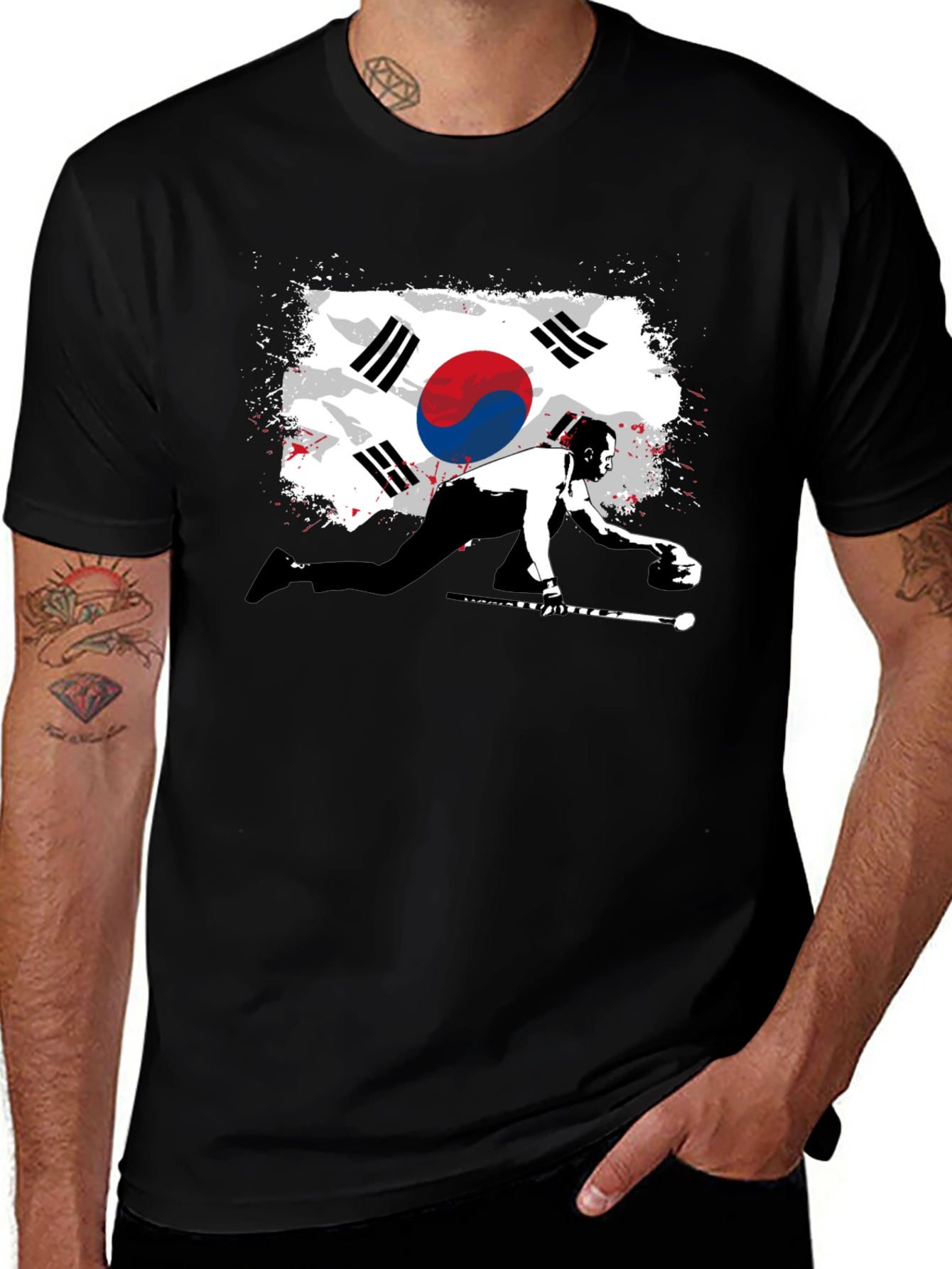 South Korea Flag Curling Sport Black T-Shirt