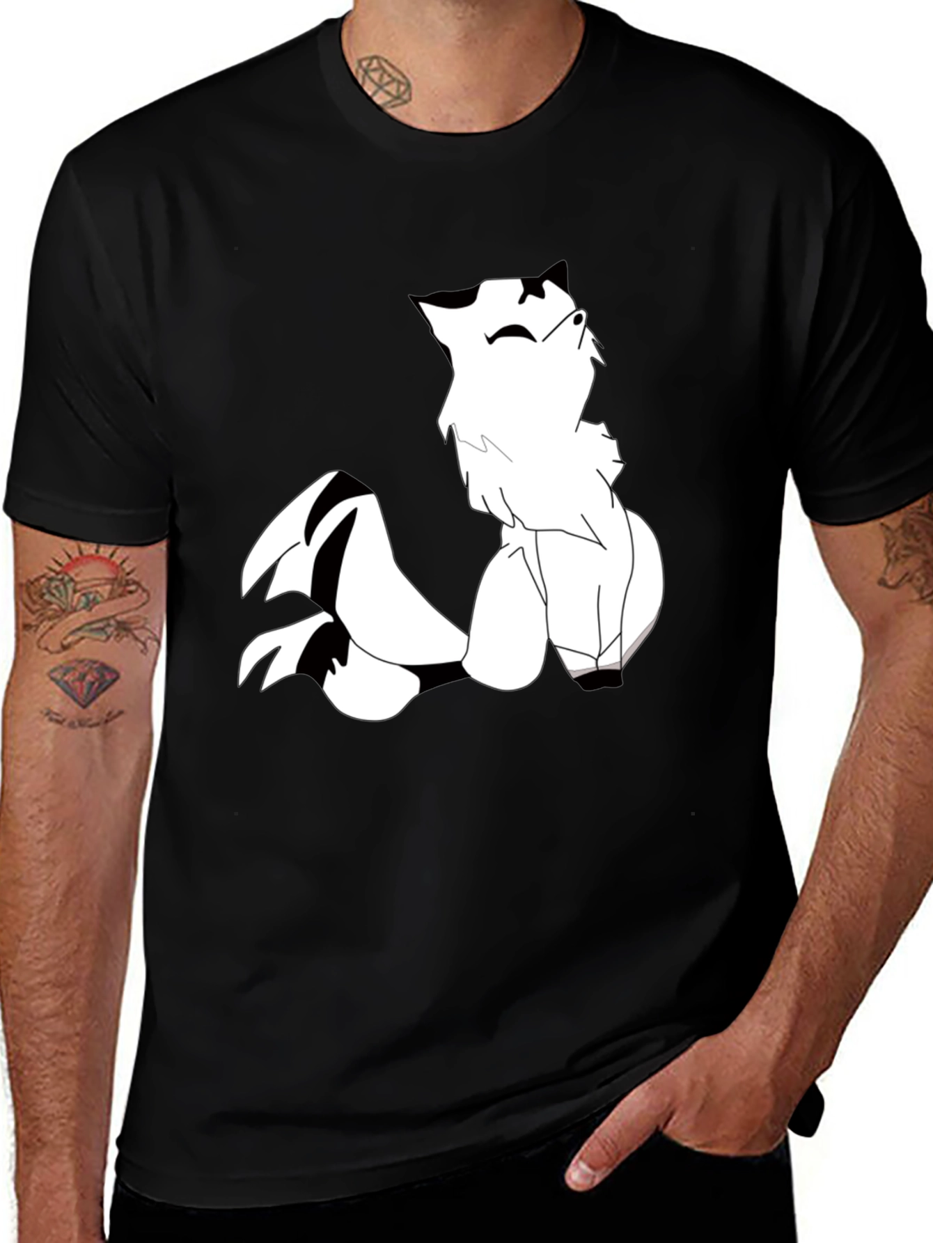Black T-Shirt with Cartoon White Fox Design
