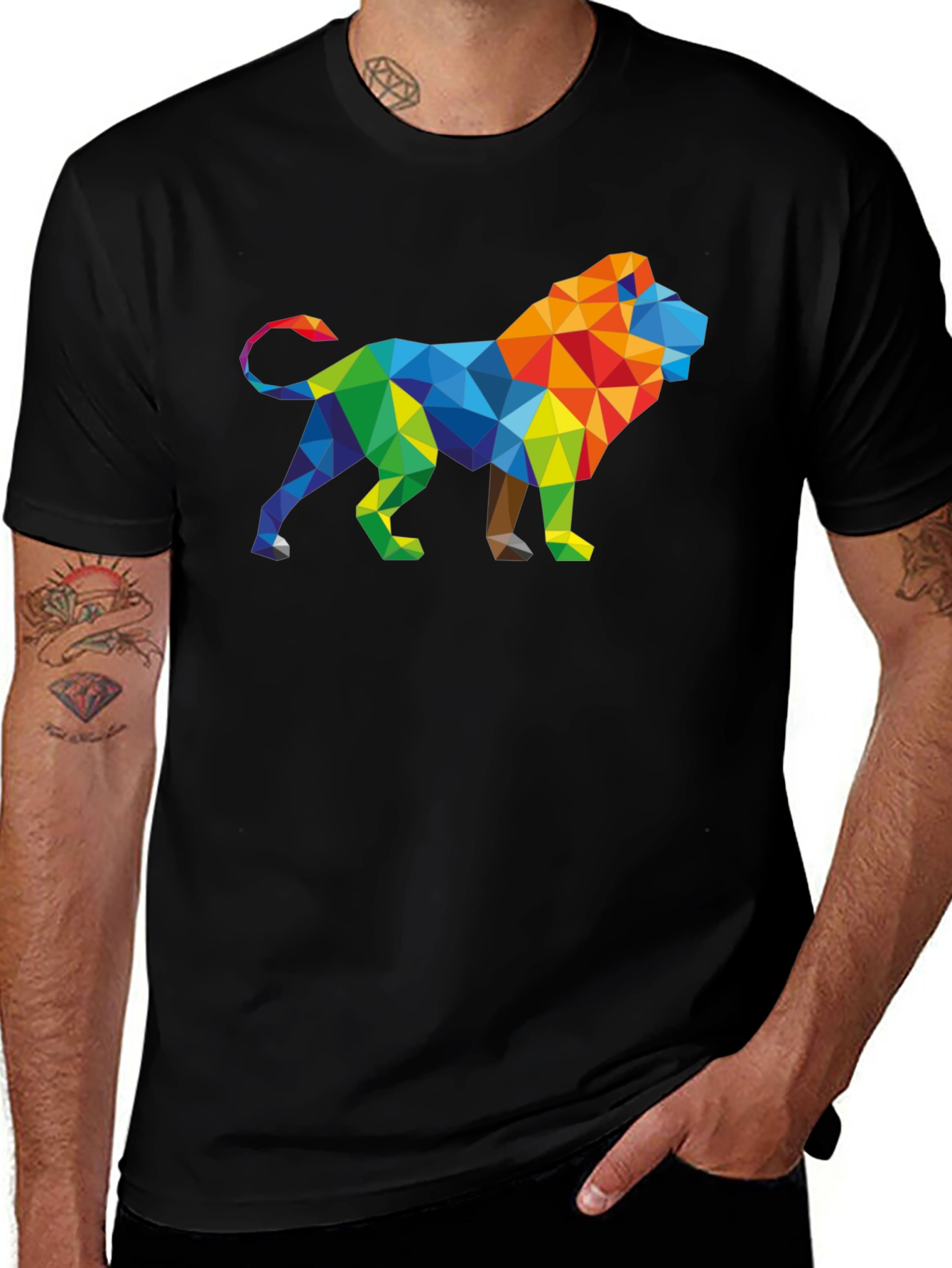Variant 18 of Geometric Lion Graphic Tee - Stylish Men's Black T-Shirt