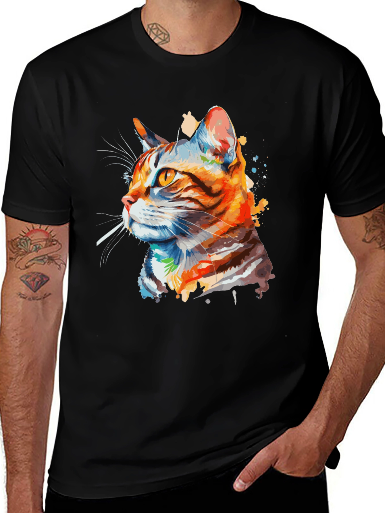 Variant 19 of Watercolor Cat Graphic Black T-Shirt