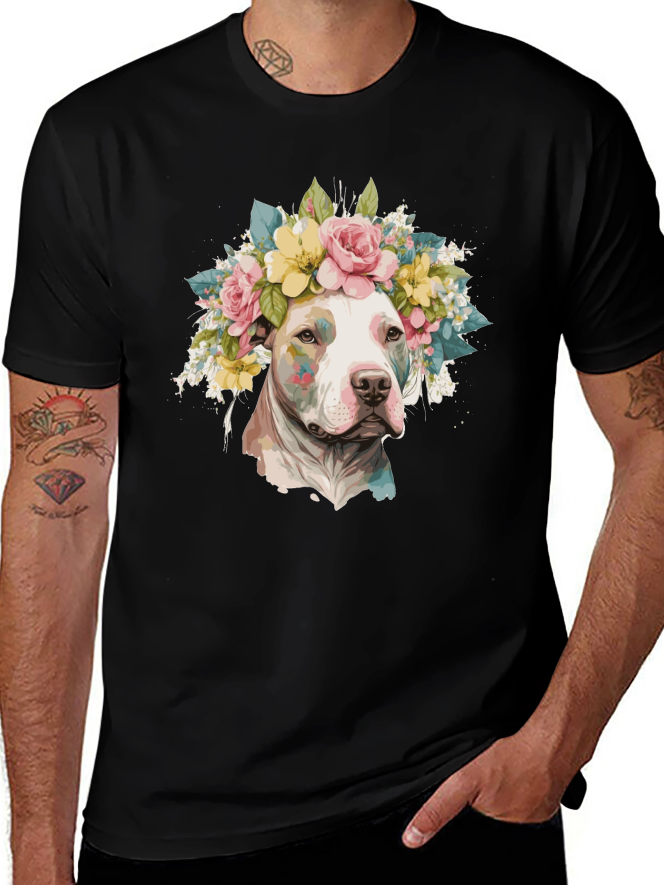 Variant 21 of Pitbull Flower Crown Black T-Shirt