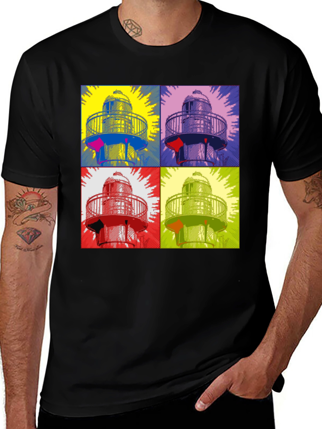 Variant 18 of Pop Art Lighthouse Graphic Tee - Black Cotton Blend
