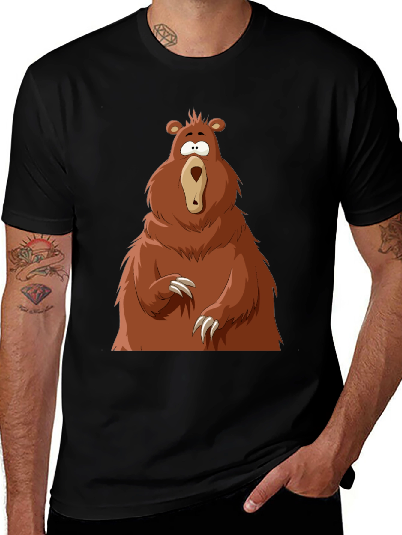 Variant 20 of Cartoon Bear Graphic Tee - Black Crew Neck T-Shirt
