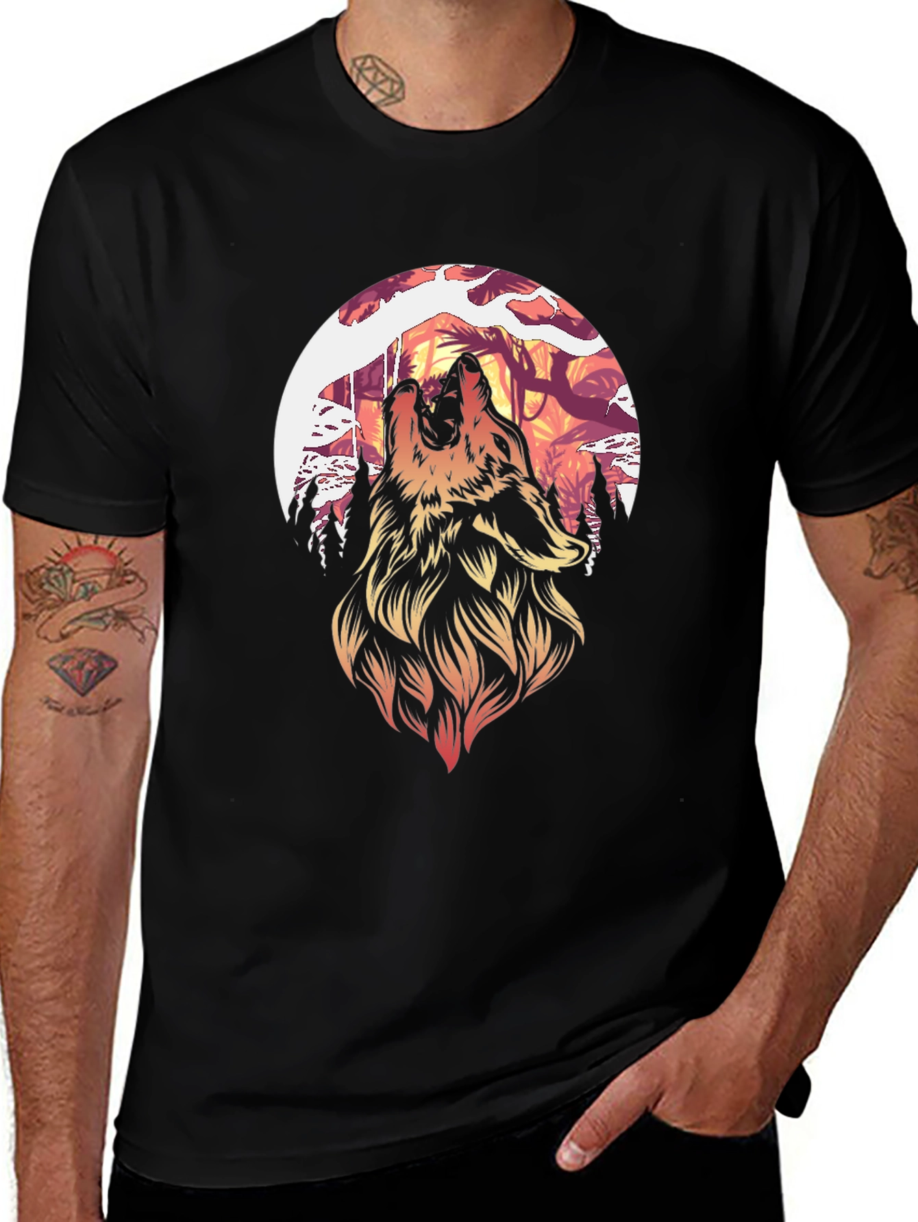Variant 19 of Wolf Howling at Moon Graphic Tee - Black
