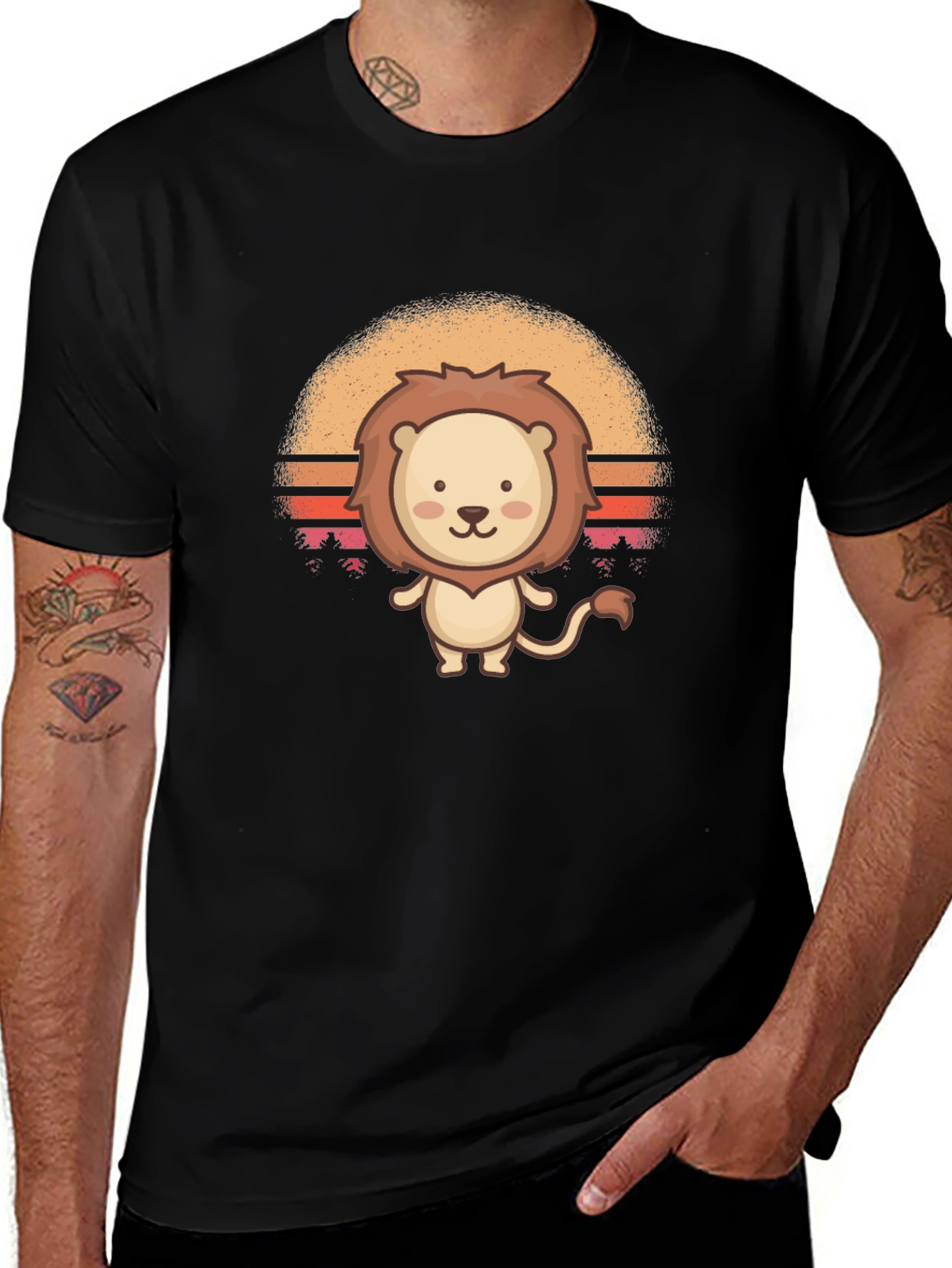 Variant 17 of Cute Lion Graphic Tee - Retro Sunset Design