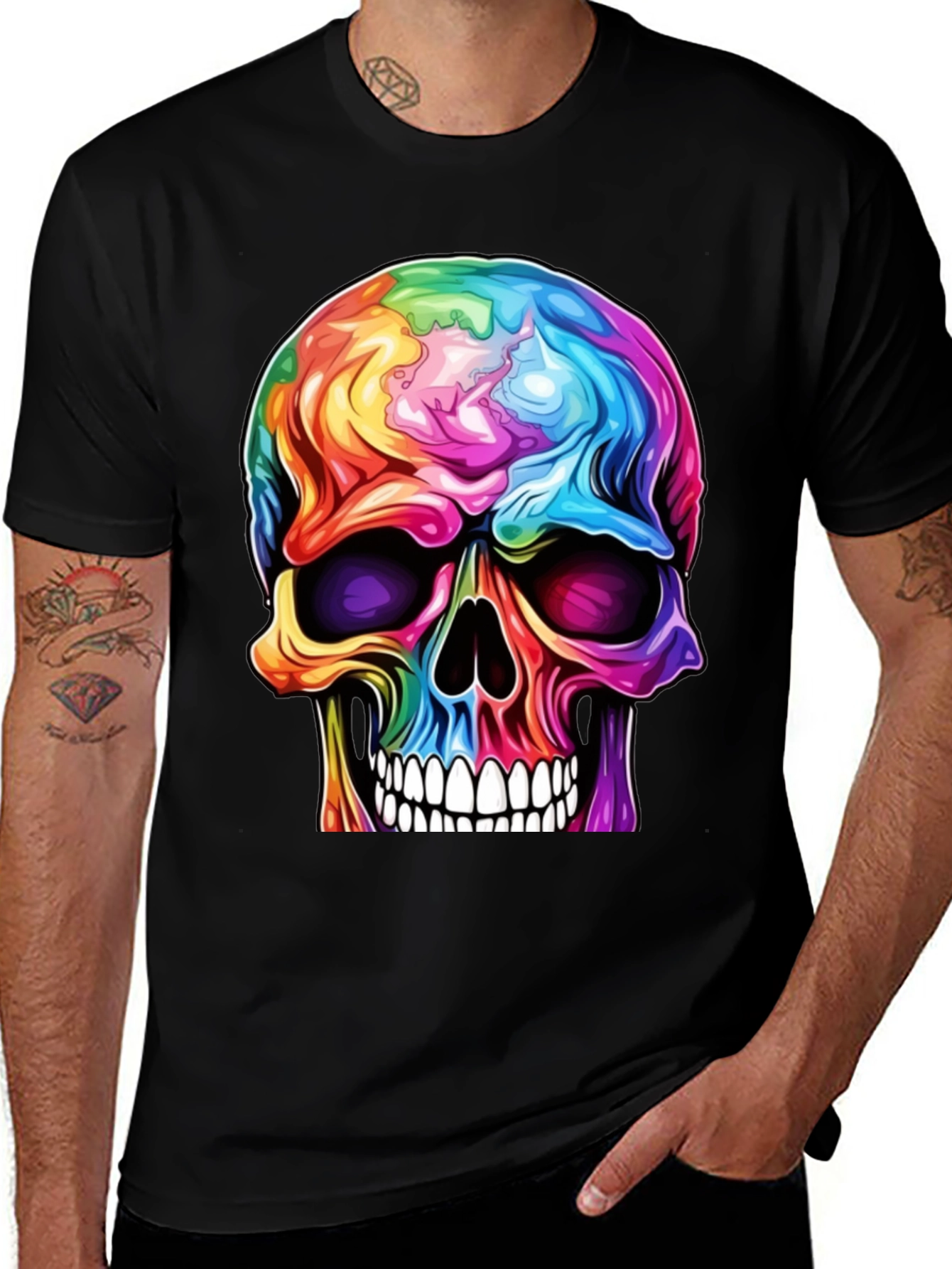 Variant 30 of Rainbow Skull Graphic Tee - Men's Black T-Shirt