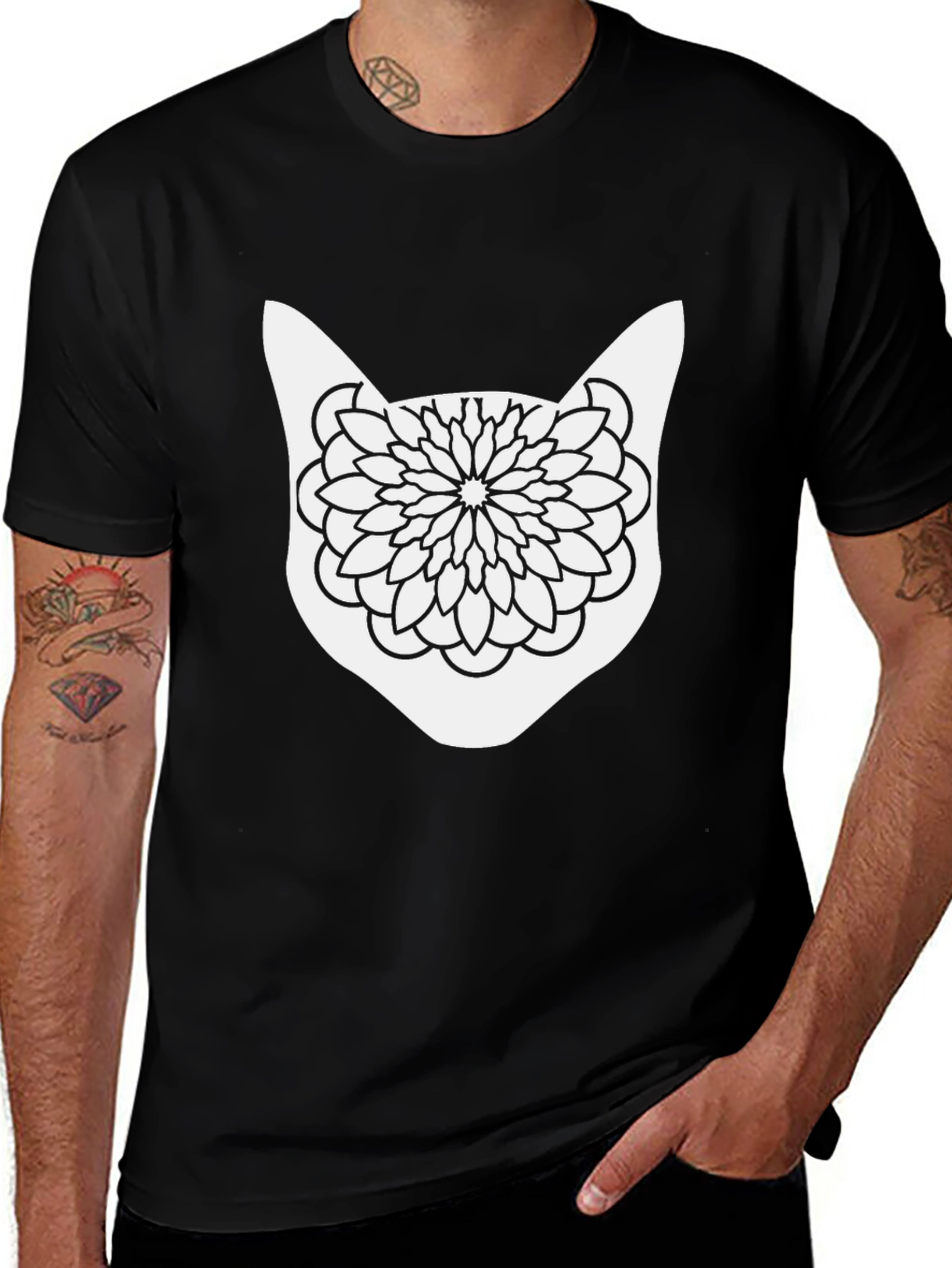 Variant 21 of Cat Mandala T-Shirt - Black Cotton Tee
