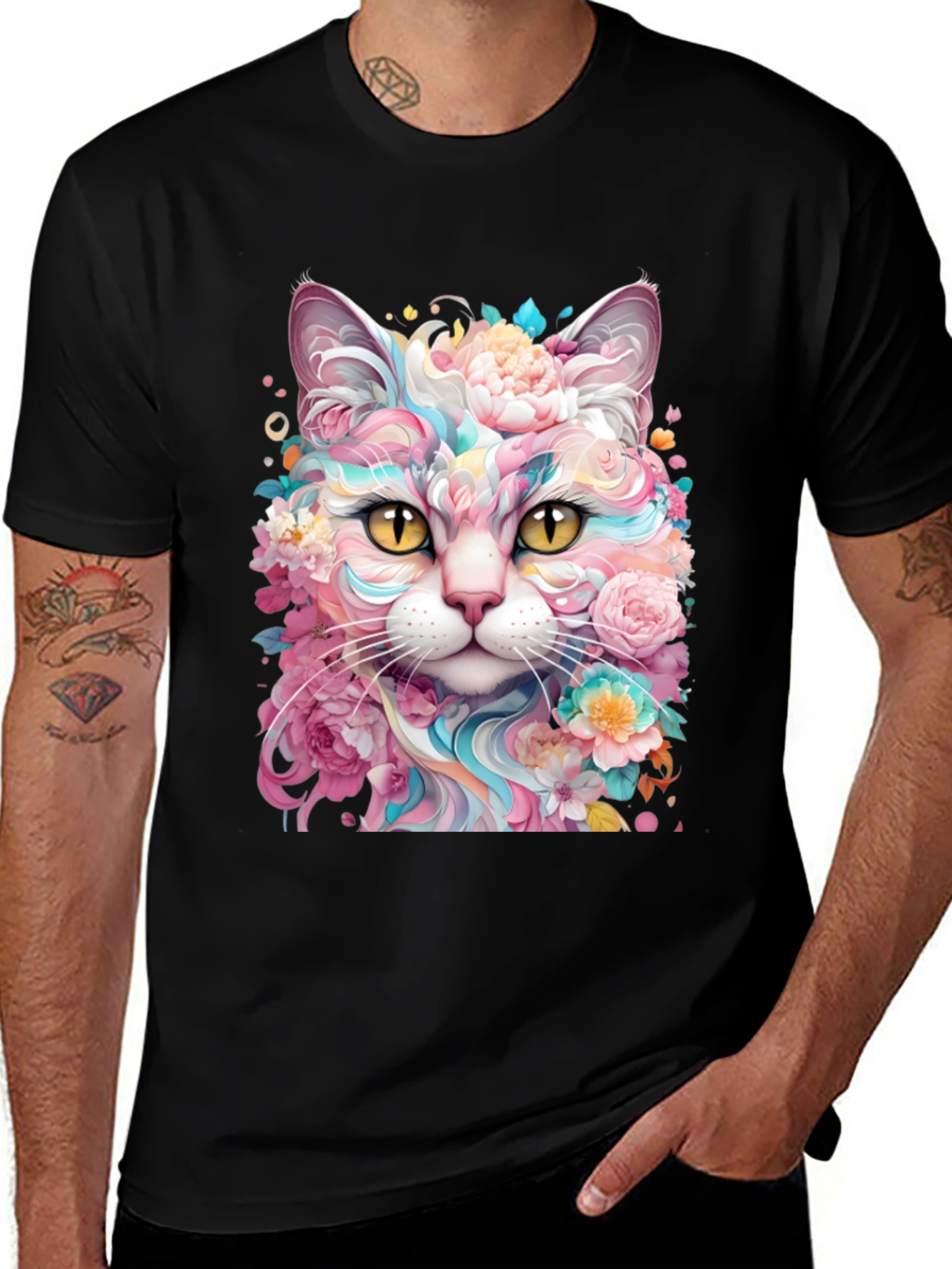 Variant 14 of Floral Cat Graphic Tee - Artistic Men's T-Shirt