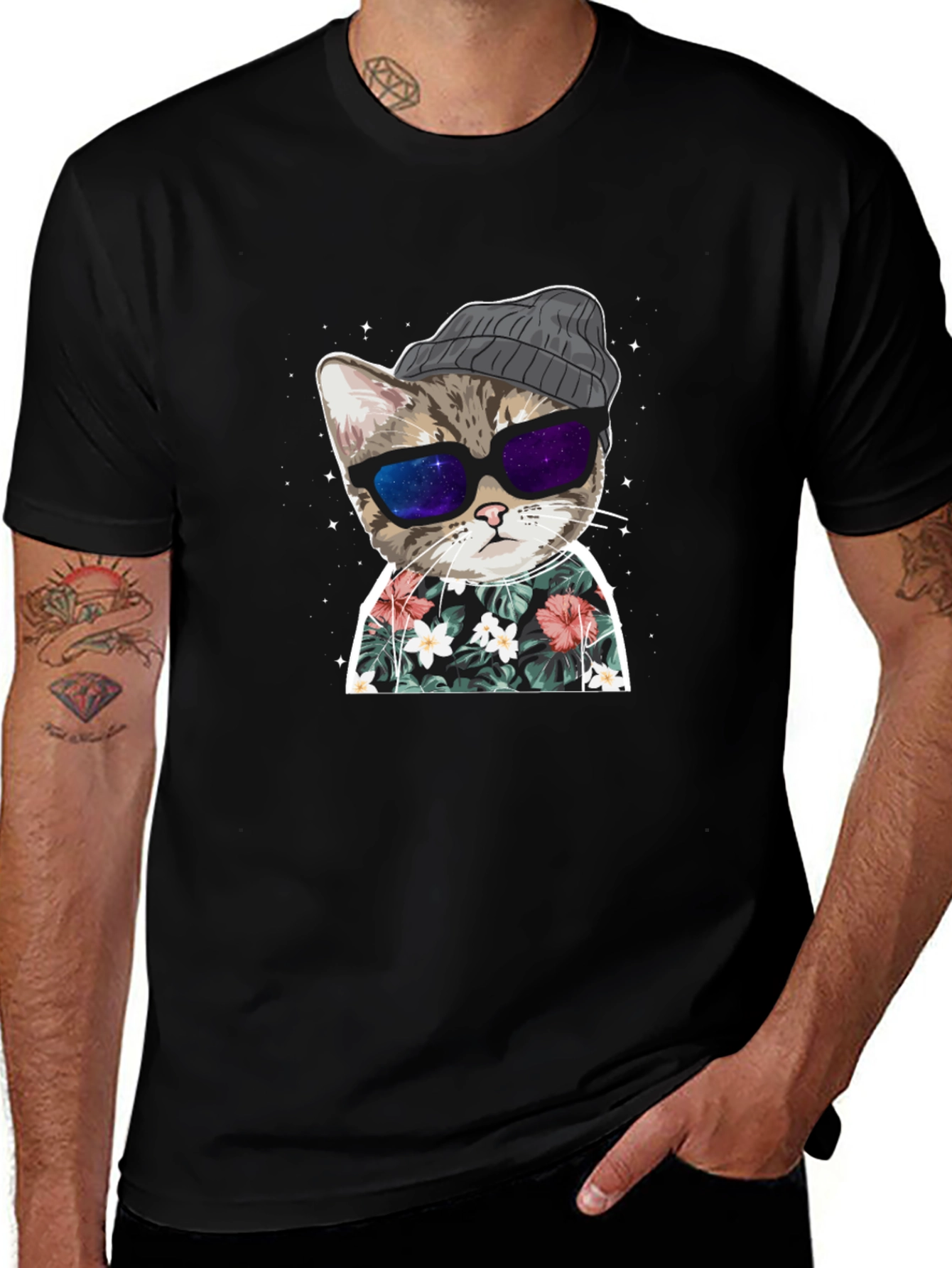 Variant 2 of Cool Cat Graphic Tee - Galaxy Shades & Hawaiian Shirt
