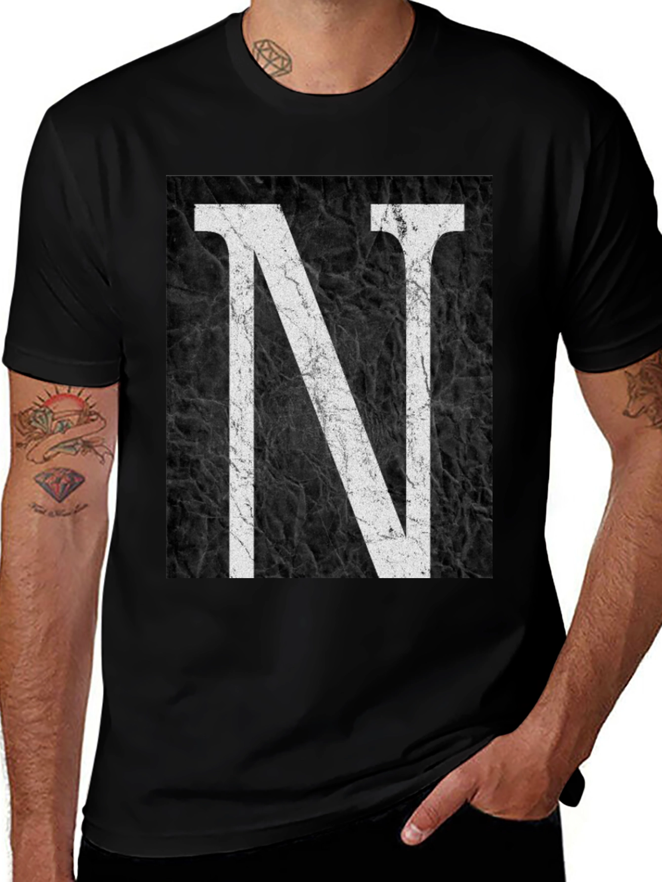 Letter N Graphic Print Black T-Shirt