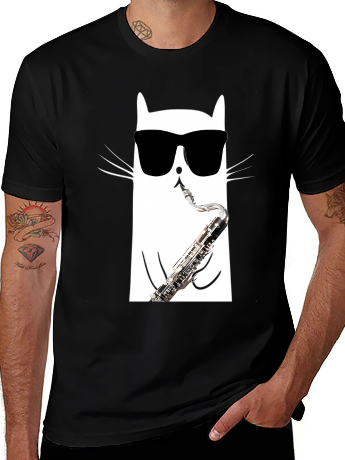 Variant 25 of Cool Cat Saxophone T-Shirt - Black Cotton Tee