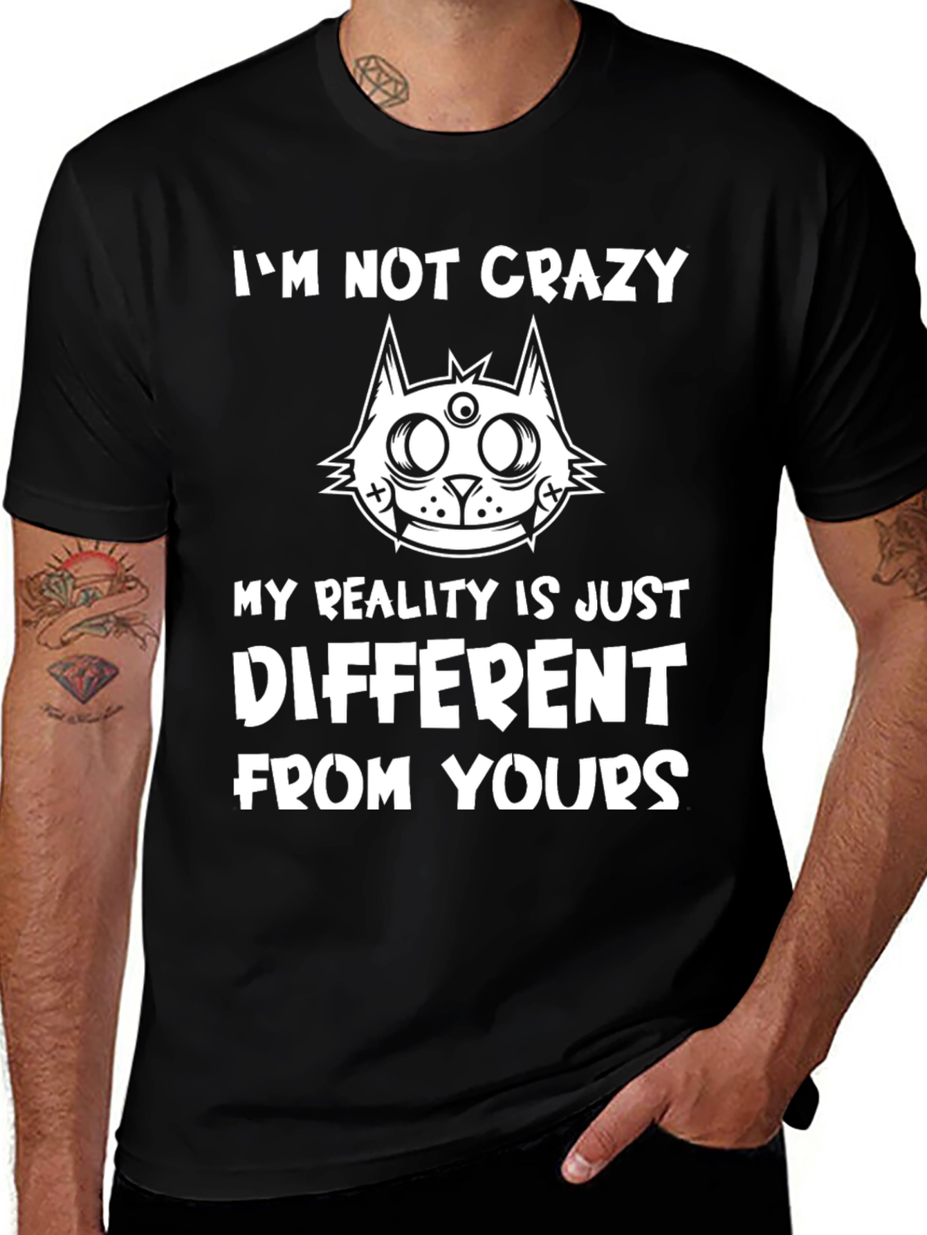 Crazy Cat Reality Graphic Black T-Shirt