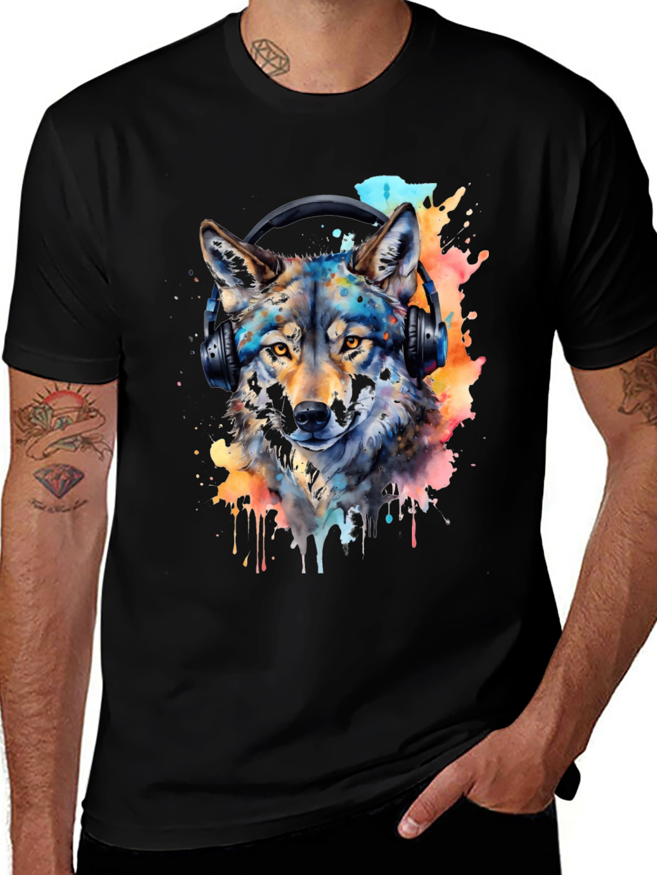 Variant 28 of Wolf Headphone Watercolor T-Shirt - Unique Artistic Design