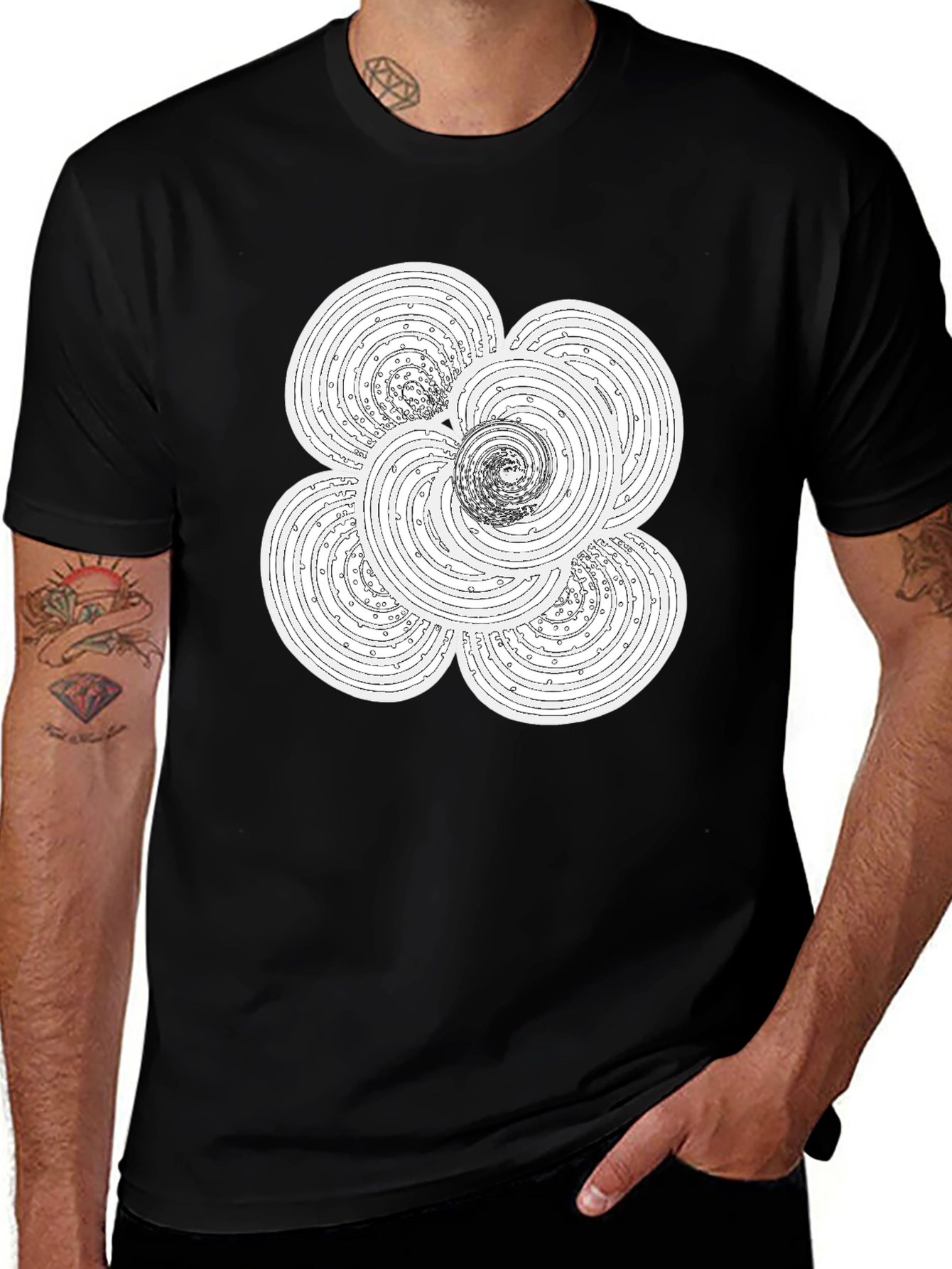 Variant 13 of Geometric Floral Spiral Design Black T-Shirt