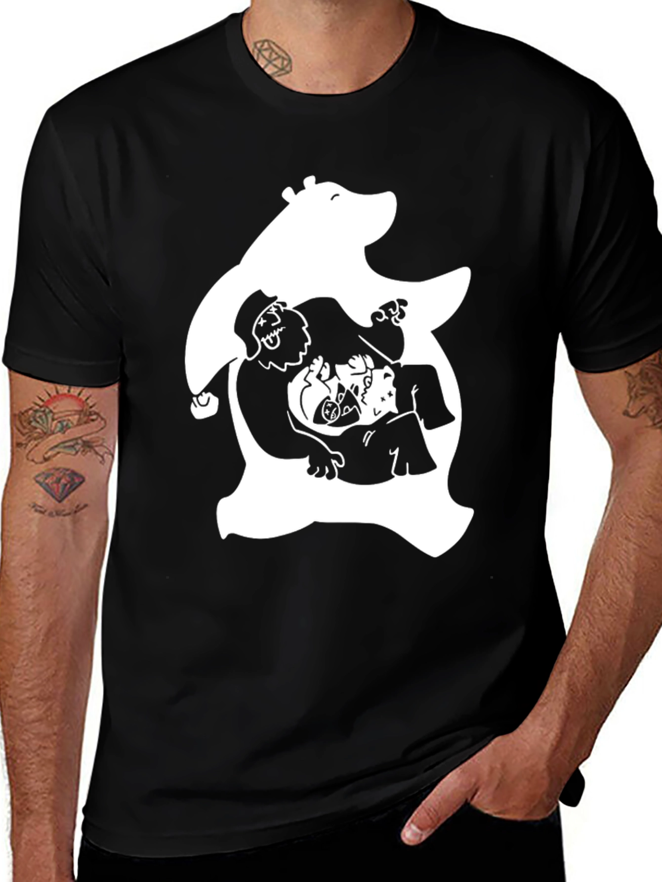 Novelty Black T-Shirt with White Bear & Characters Print