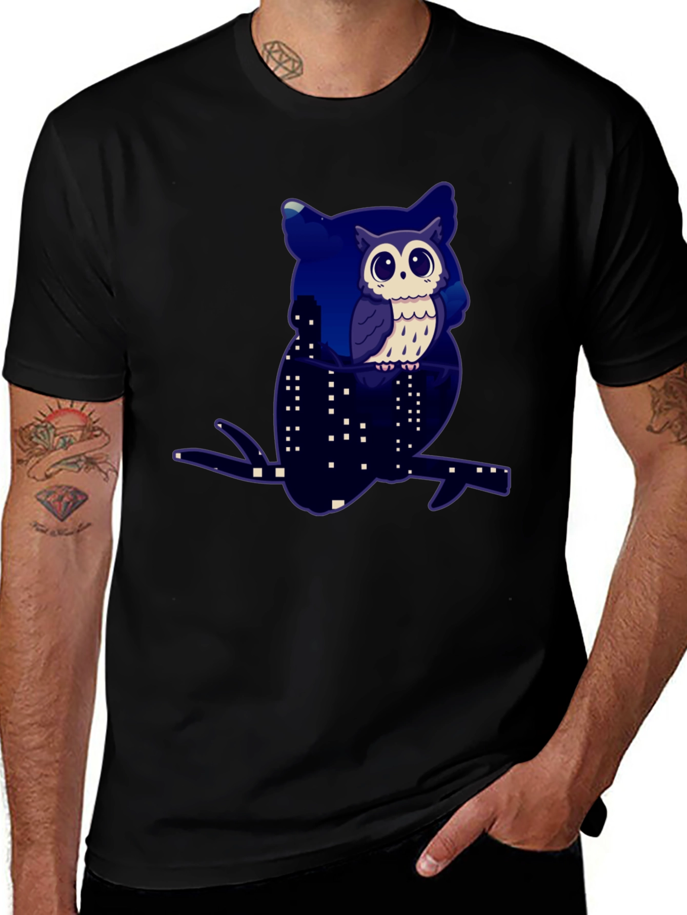 Variant 14 of Owl Cityscape Graphic Print Tee - Black Cotton Blend