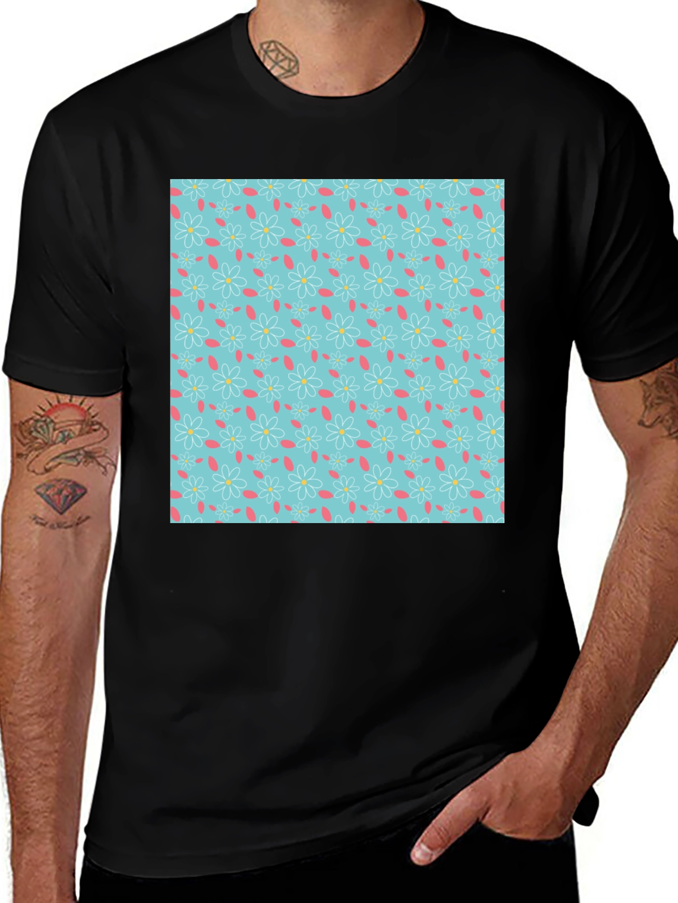Variant 25 of Floral Print Tee - Light Blue Daisy Pattern
