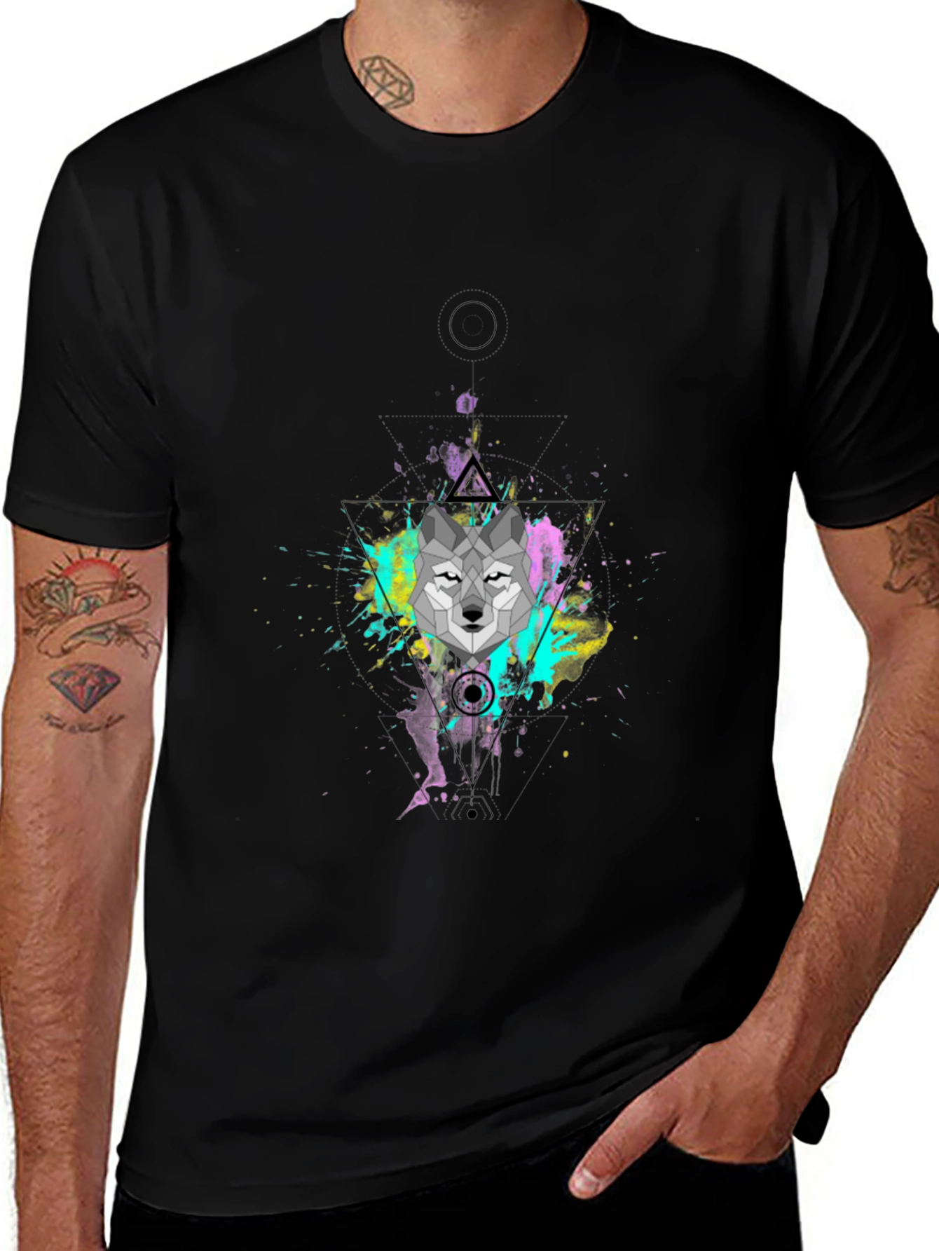 Variant 17 of Geometric Wolf Graphic Black T-Shirt