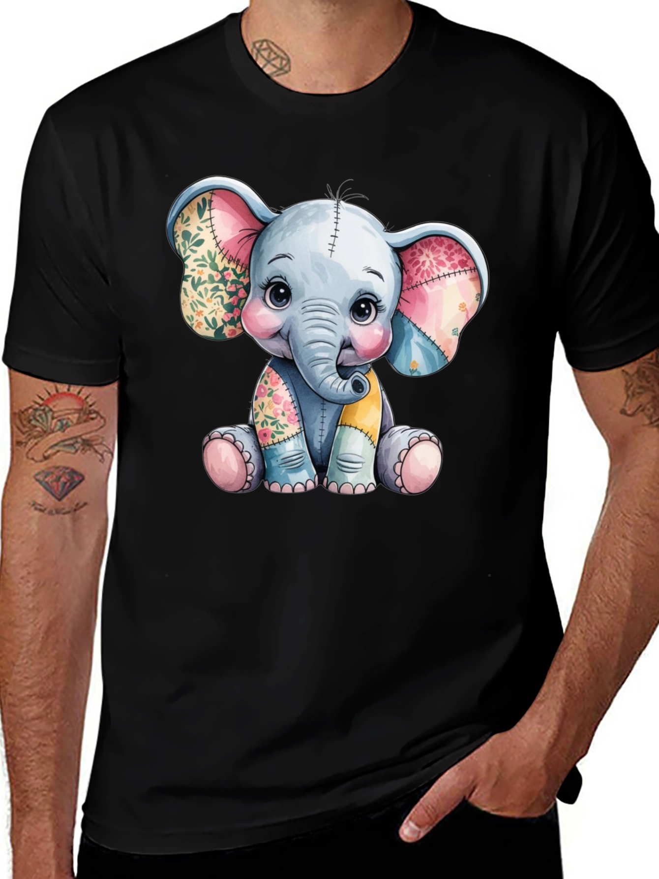 Variant 24 of Cute Elephant Patchwork Design Black T-Shirt
